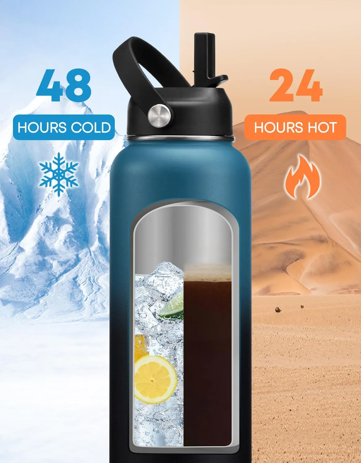 40 oz Stainless Steel Water Bottles Insulated - with Paracord Handle, Straw Lids, Flex Cap, Bottle Carrier & Silicone Boot, Leek Proof Reusable Water Bottle Flask Metal Jug Cold 48 Hrs Hot 24 Hrs
