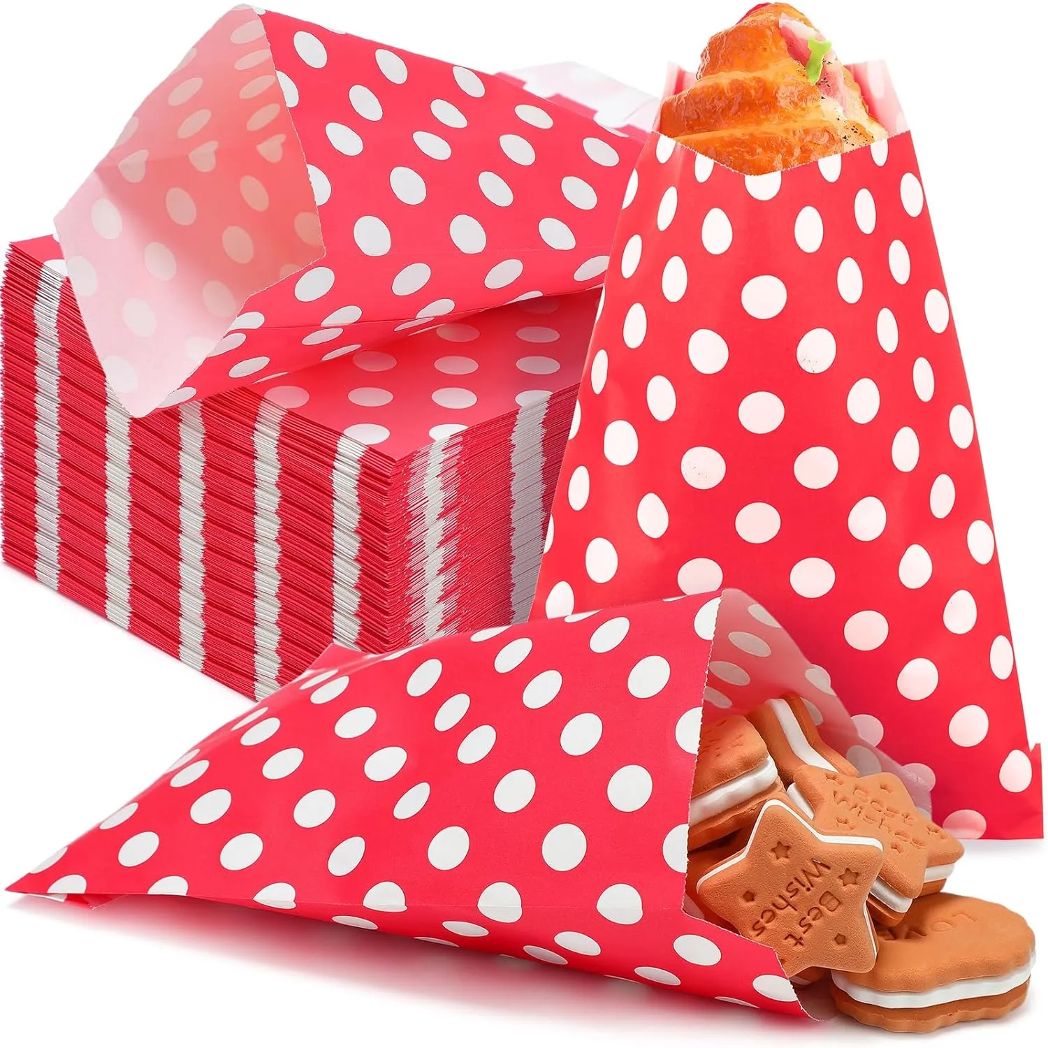 400 Packs 5 x 7 Inches Treat Paper Bags Polka Dot Paper Cookie Bags Candy Buffet Bags Small Paper Treat Bags Paper Snack Bags for Food Sandwich Packaging (Red and White)