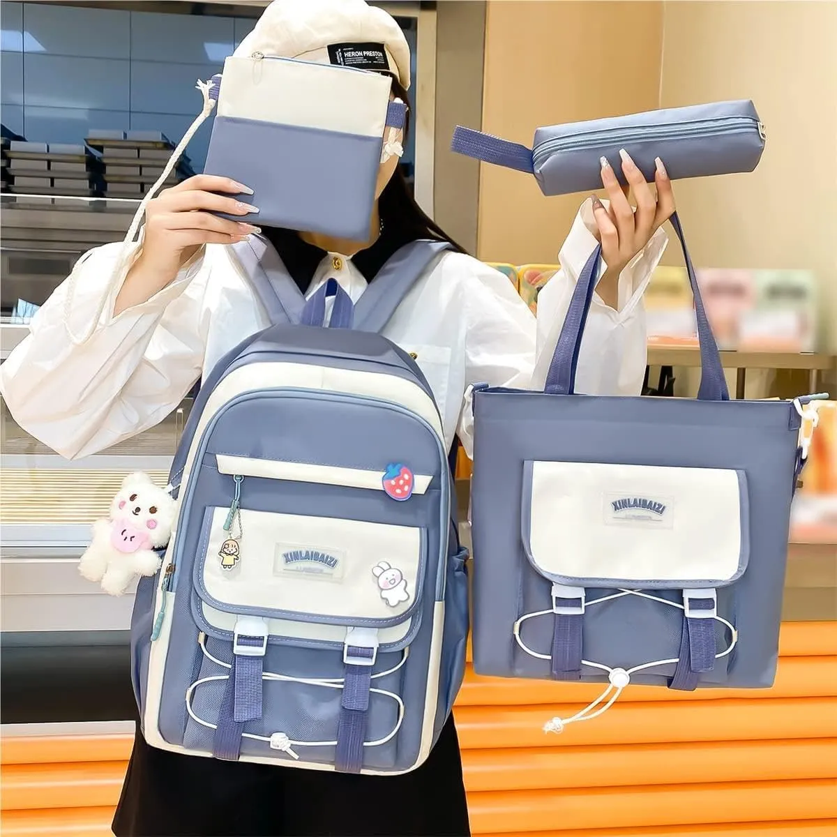 4Pcs Kawaii Backpack Set for Teens Girl Cute School Bag Combo Set Aesthetic Backpack with Pendant Pins Accessories