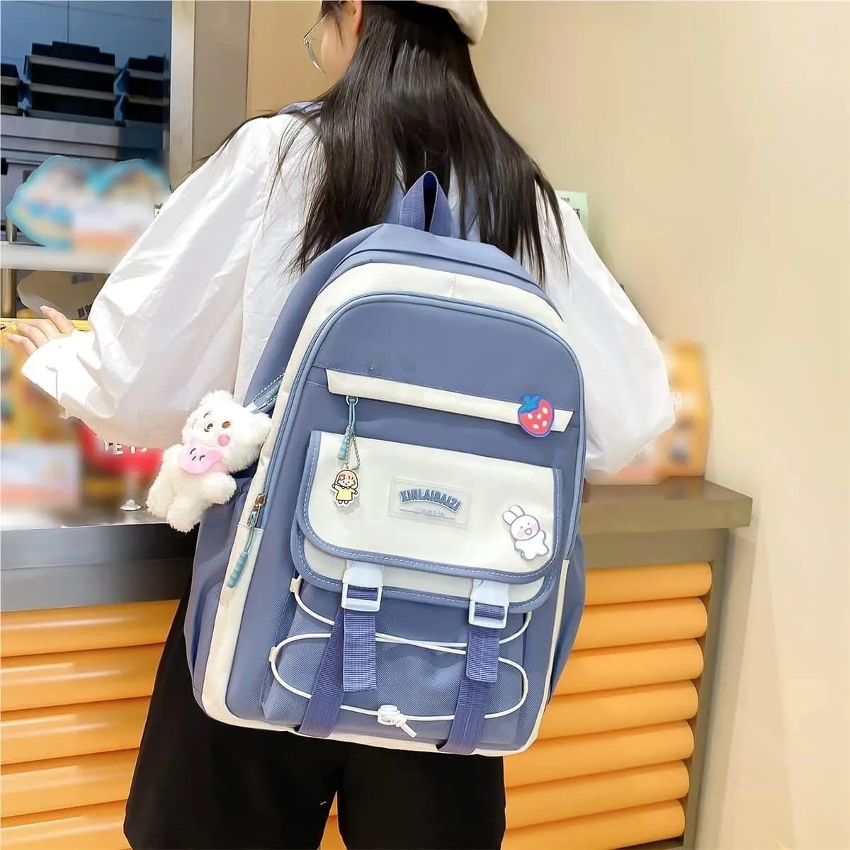 4Pcs Kawaii Backpack Set for Teens Girl Cute School Bag Combo Set Aesthetic Backpack with Pendant Pins Accessories