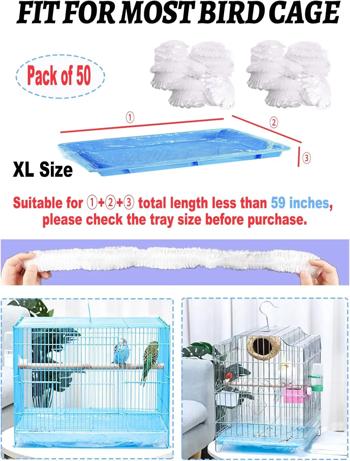50 Pcs Large Disposable Bird Cage Liners, 34'' X 22'' Plastic Parakeet Cage Liner Bag Birds Cage Tray Liners Universal Film Bird Cage Accessories for Finches Canaries Cockatiels Birdcage