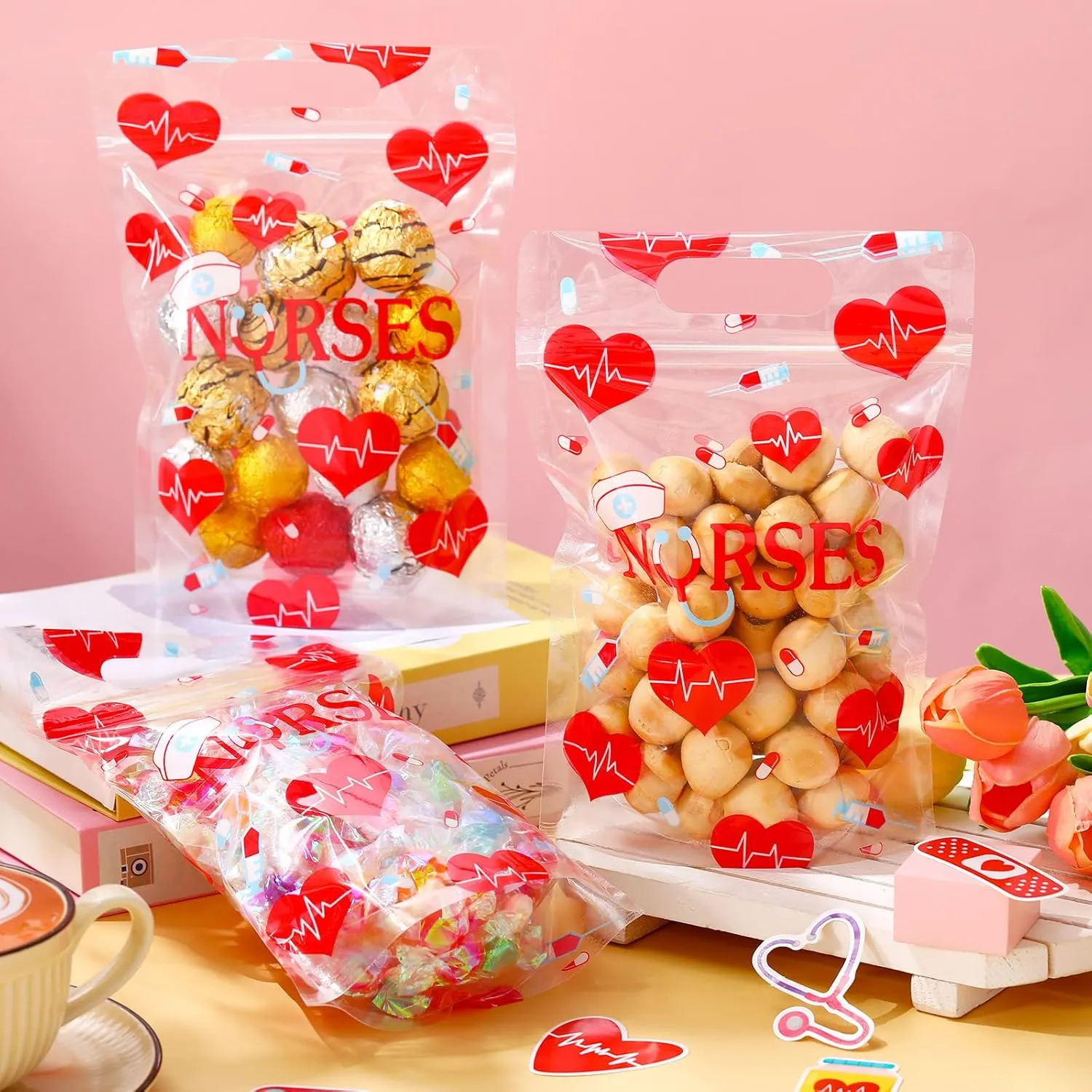 60 Pcs Nurses Sealing Bags Bulk Plastic Nursing Graduation Favor Gift Bags Candy Treat Goodie Cookie Pouch for Doctor Medical Party Supplies