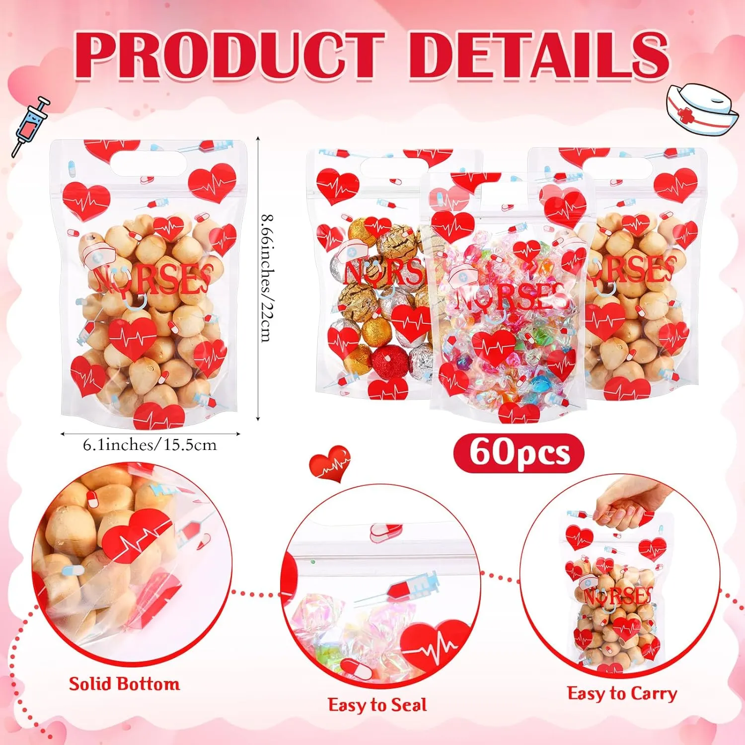 60 Pcs Nurses Sealing Bags Bulk Plastic Nursing Graduation Favor Gift Bags Candy Treat Goodie Cookie Pouch for Doctor Medical Party Supplies