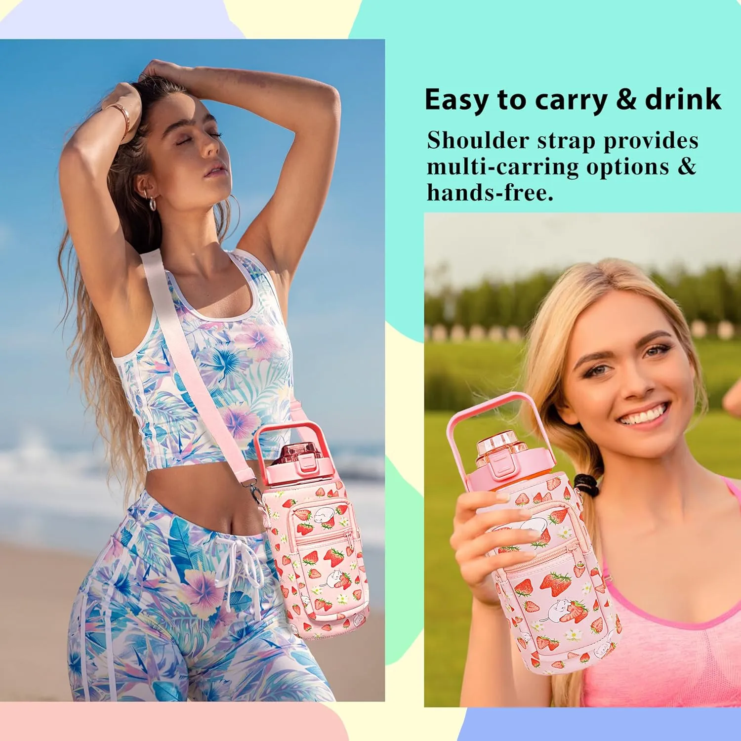 64 oz Water Bottle with Straw Sleeve & Strap Motivational Half Gallon Water Jug with Handle for Gym Women Men Aesthetic Water Bottle with Strap Strawberry Cat