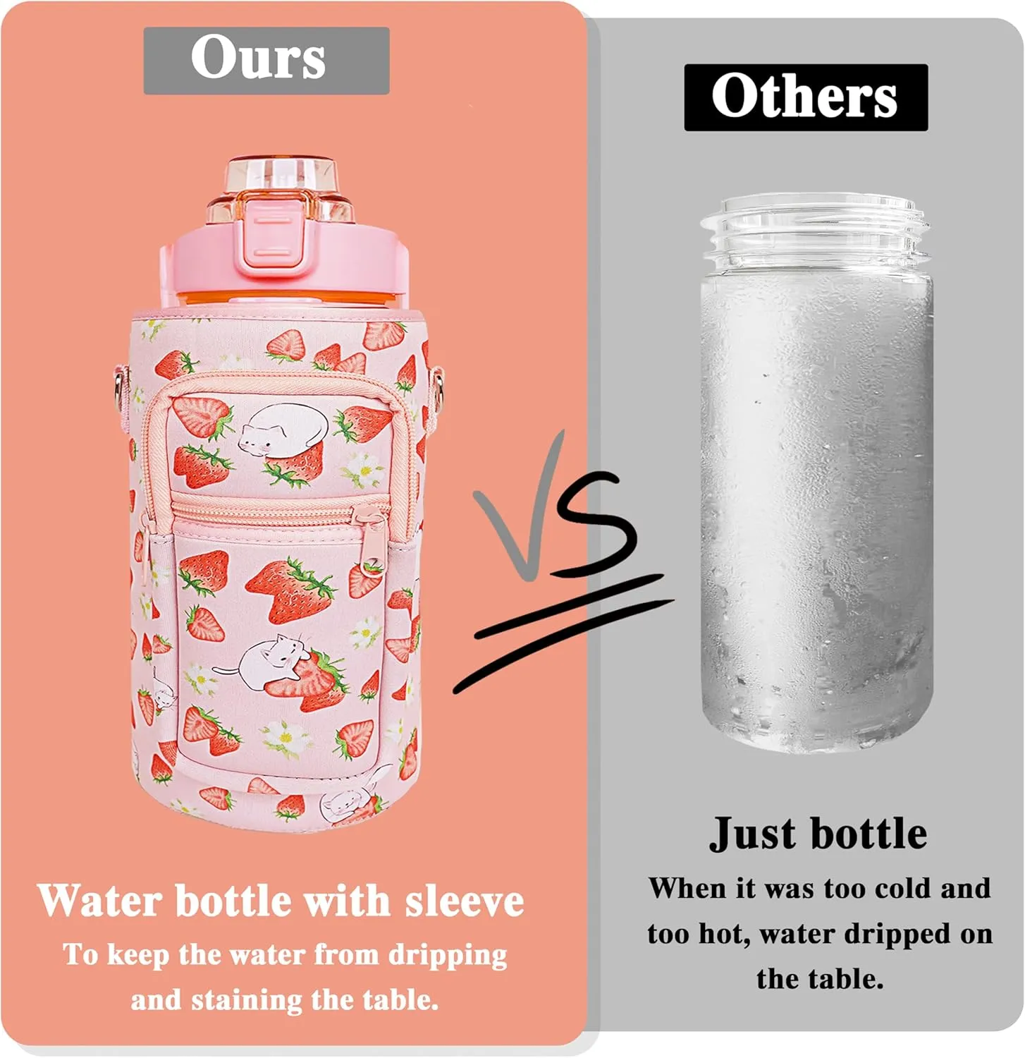 64 oz Water Bottle with Straw Sleeve & Strap Motivational Half Gallon Water Jug with Handle for Gym Women Men Aesthetic Water Bottle with Strap Strawberry Cat