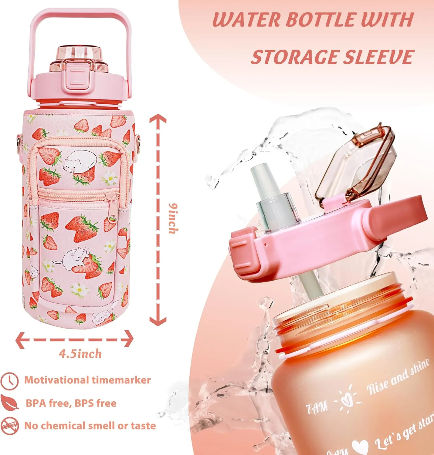 64 oz Water Bottle with Straw Sleeve & Strap Motivational Half Gallon Water Jug with Handle for Gym Women Men Aesthetic Water Bottle with Strap Strawberry Cat