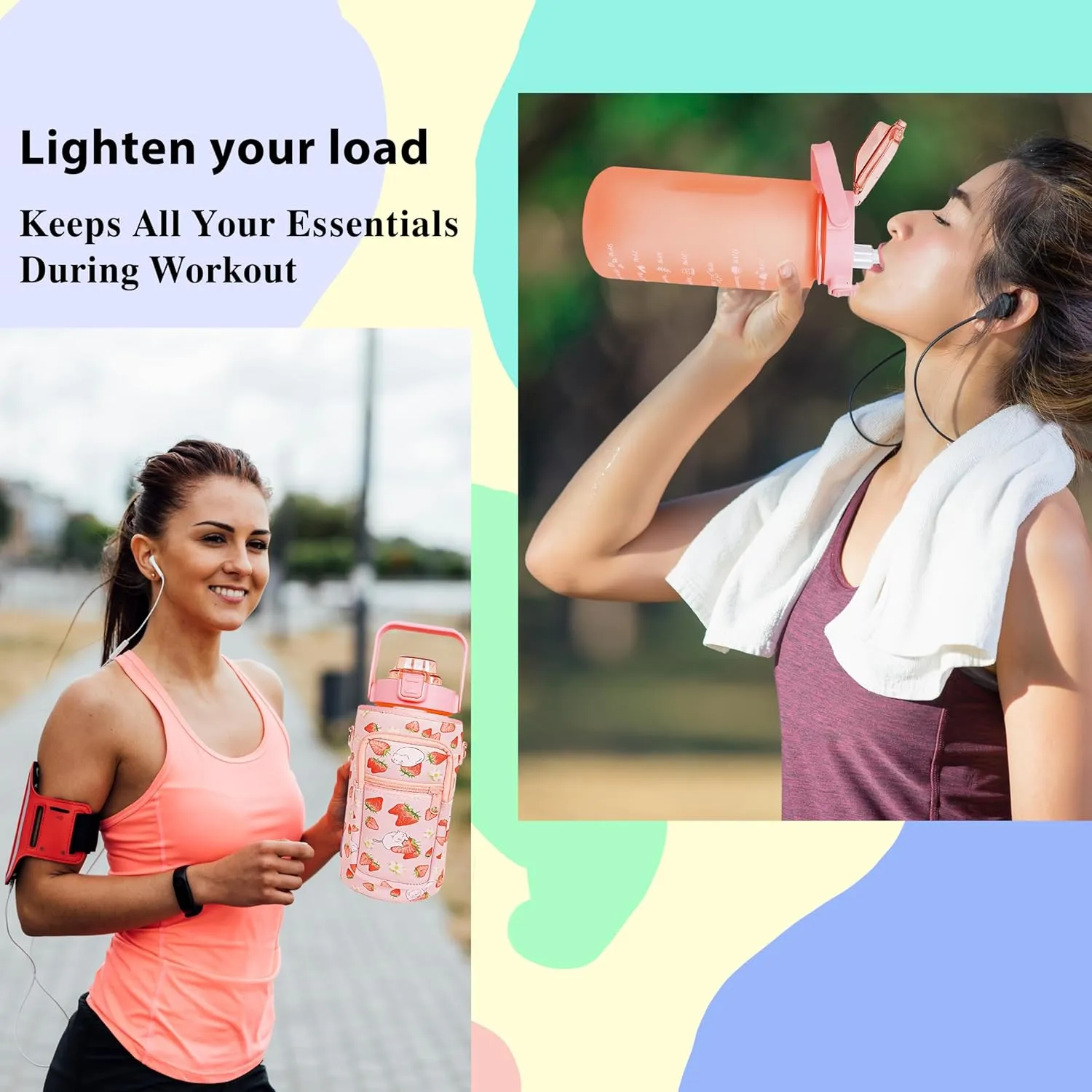 64 oz Water Bottle with Straw Sleeve & Strap Motivational Half Gallon Water Jug with Handle for Gym Women Men Aesthetic Water Bottle with Strap Strawberry Cat