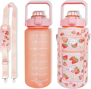 64 oz Water Bottle with Straw Sleeve & Strap Motivational Half Gallon Water Jug with Handle for Gym Women Men Aesthetic Water Bottle with Strap Strawberry Cat