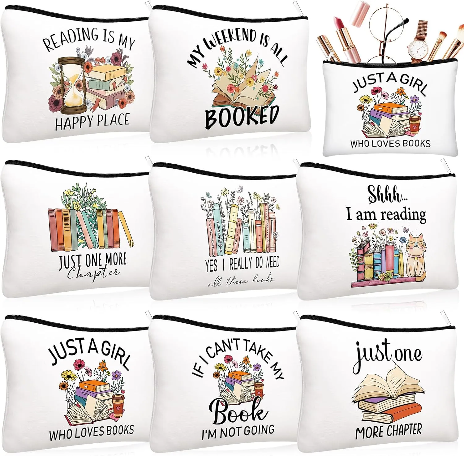 8 Pcs Book Club Gifts Book Lovers Makeup Bag Gifts for Women Cosmetic Bag with Zipper Pouch for Teen Adult Women Lovers Librarian Bookish Club Gifts(Book,Flower)