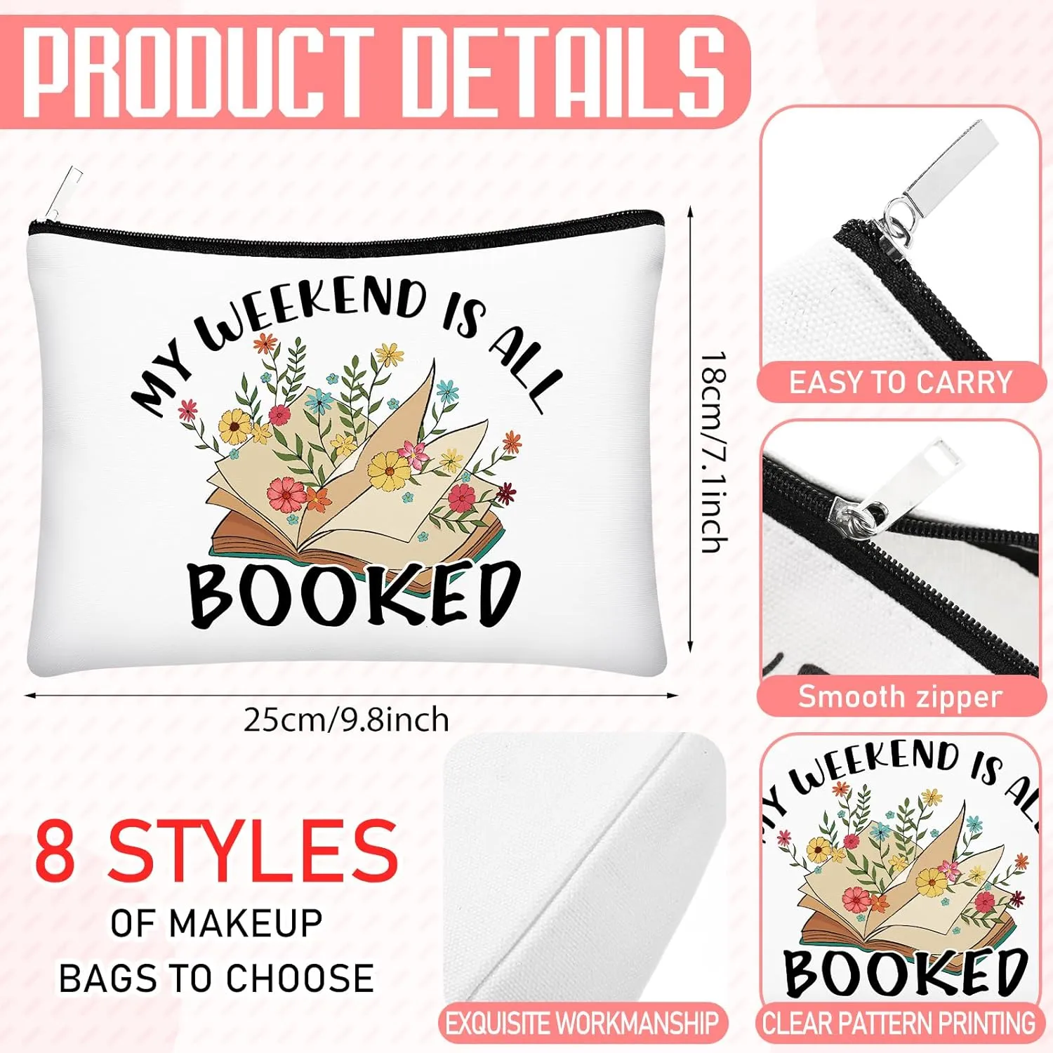 8 Pcs Book Club Gifts Book Lovers Makeup Bag Gifts for Women Cosmetic Bag with Zipper Pouch for Teen Adult Women Lovers Librarian Bookish Club Gifts(Book,Flower)