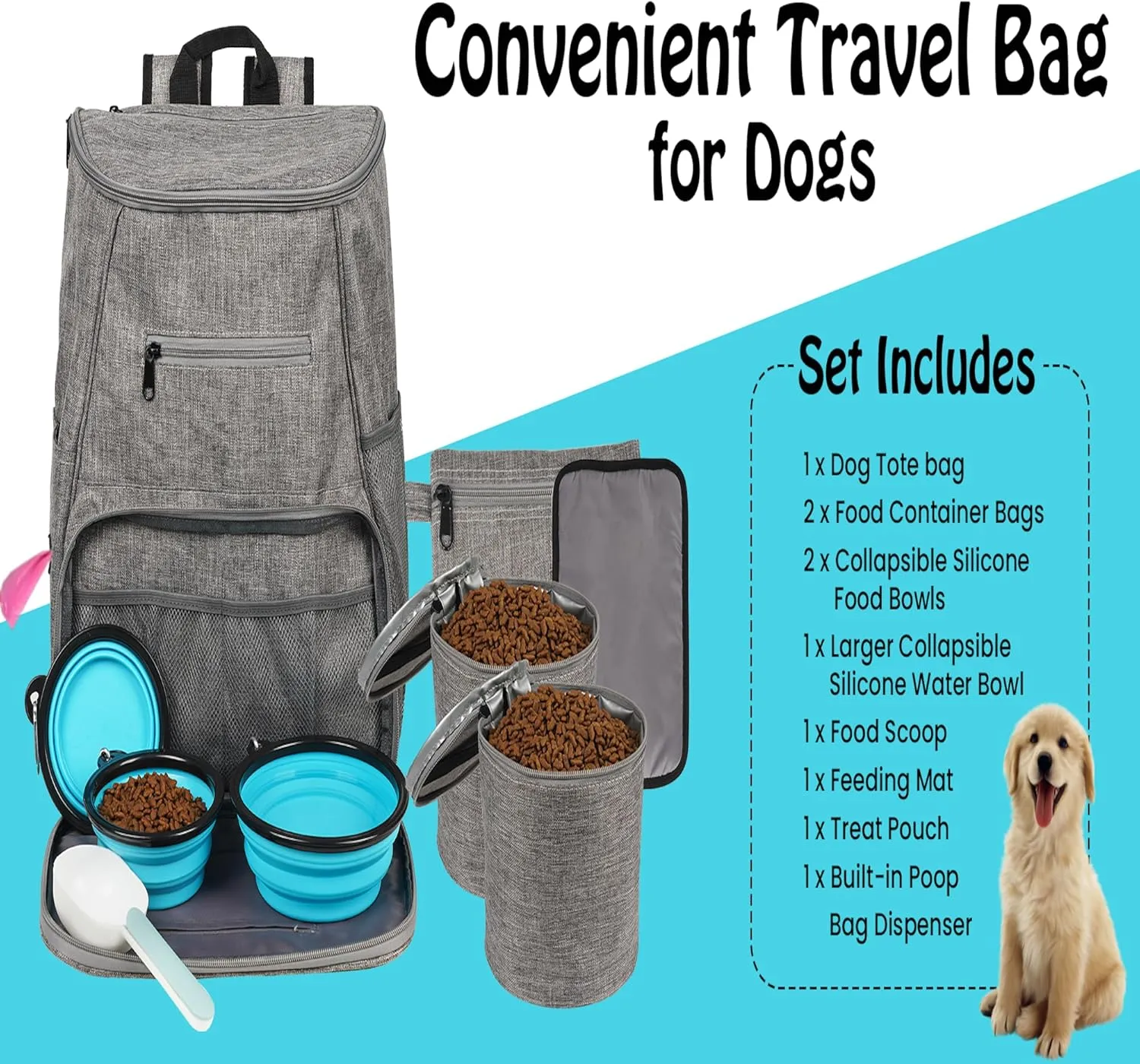 8 set Dog Travel Bag, Weekend Travel Set for Pets, Airline Approved Tote with Multi-Function Pockets, Picture Insert, 2 Food Storage Containers, 3 Collapsible Bowls,1 Scoop,1 Feeding Mat,1 Treat Pouch