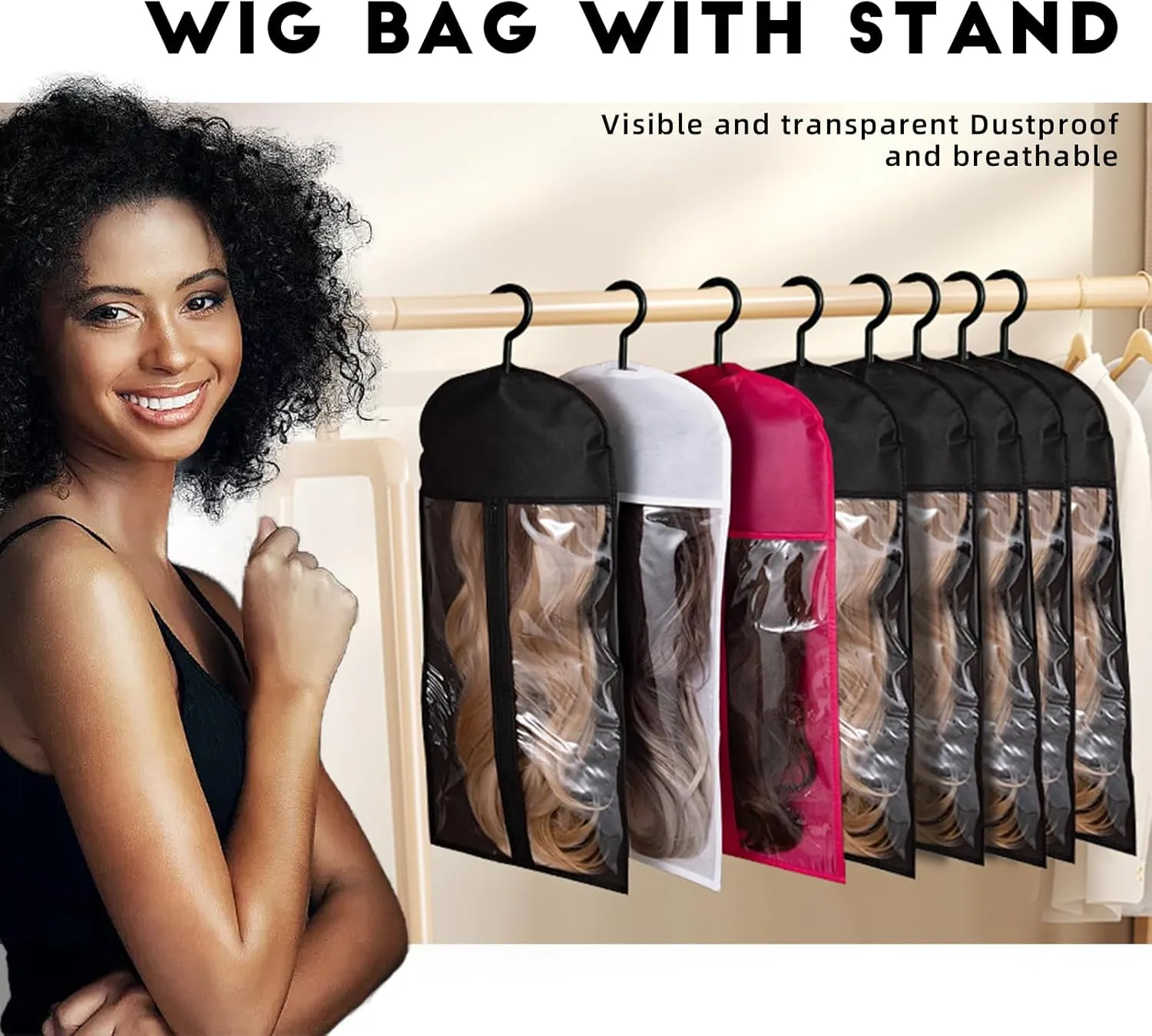8PCS Hair Extension Holder & Wig Storage Bags with Hanger – Dust-Proof Organizer for Multiple Wigs for Hair Extensions, Wigs & Accessories (Hot Pink)