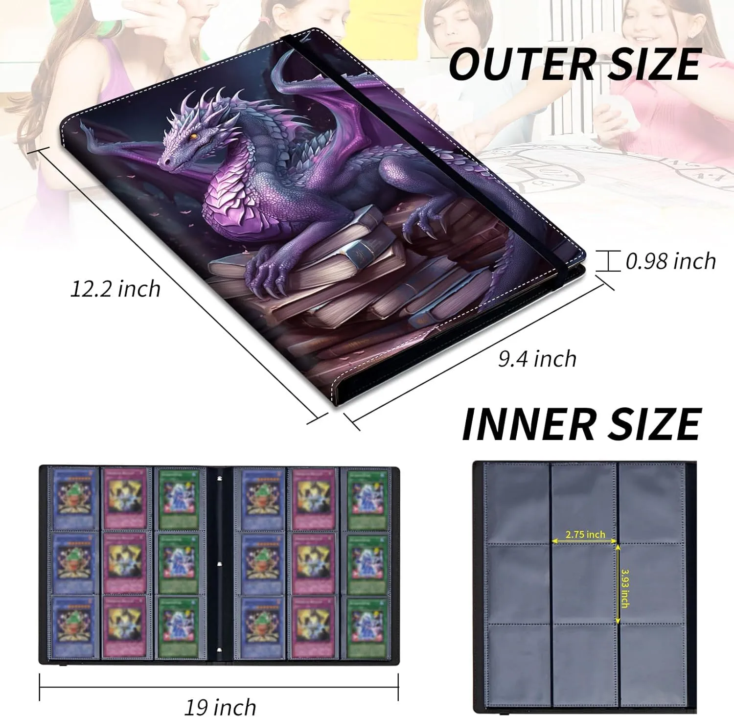 9 Pocket Card Binder for Trading Cards, Trading Card with Sleeves Holder Album, PU Leather Cover Card Collection Binder Large Capacity 360 Pocket Storage Card Sleeves for MTG,TCG, Book Purple Dragon