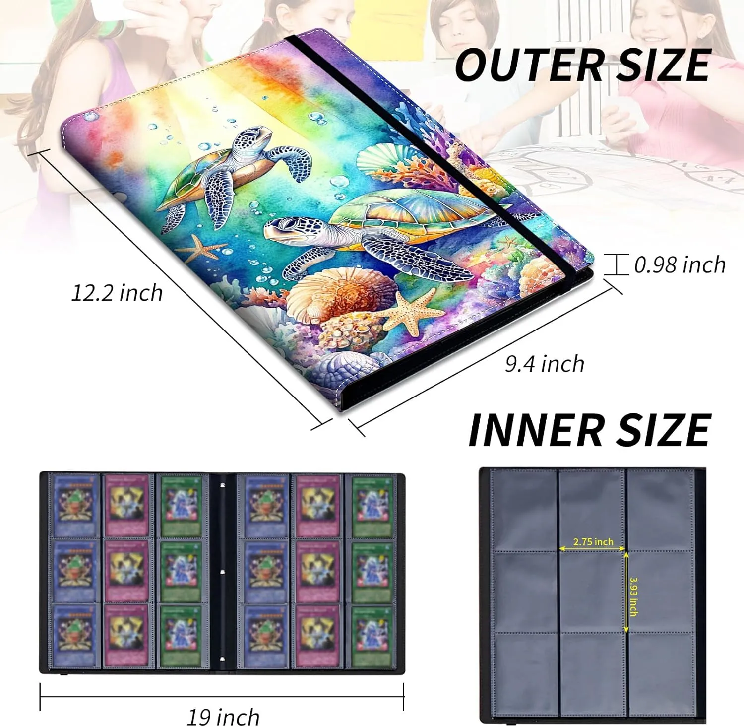 9 Pocket Card Binder for Trading Cards, Trading Card with Sleeves Holder Album, PU Leather Cover Card Collection Binder Large Capacity 360 Pocket Storage Card Sleeves for MTG,TCG, Rainbow Turtle
