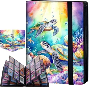 9 Pocket Card Binder for Trading Cards, Trading Card with Sleeves Holder Album, PU Leather Cover Card Collection Binder Large Capacity 360 Pocket Storage Card Sleeves for MTG,TCG, Rainbow Turtle