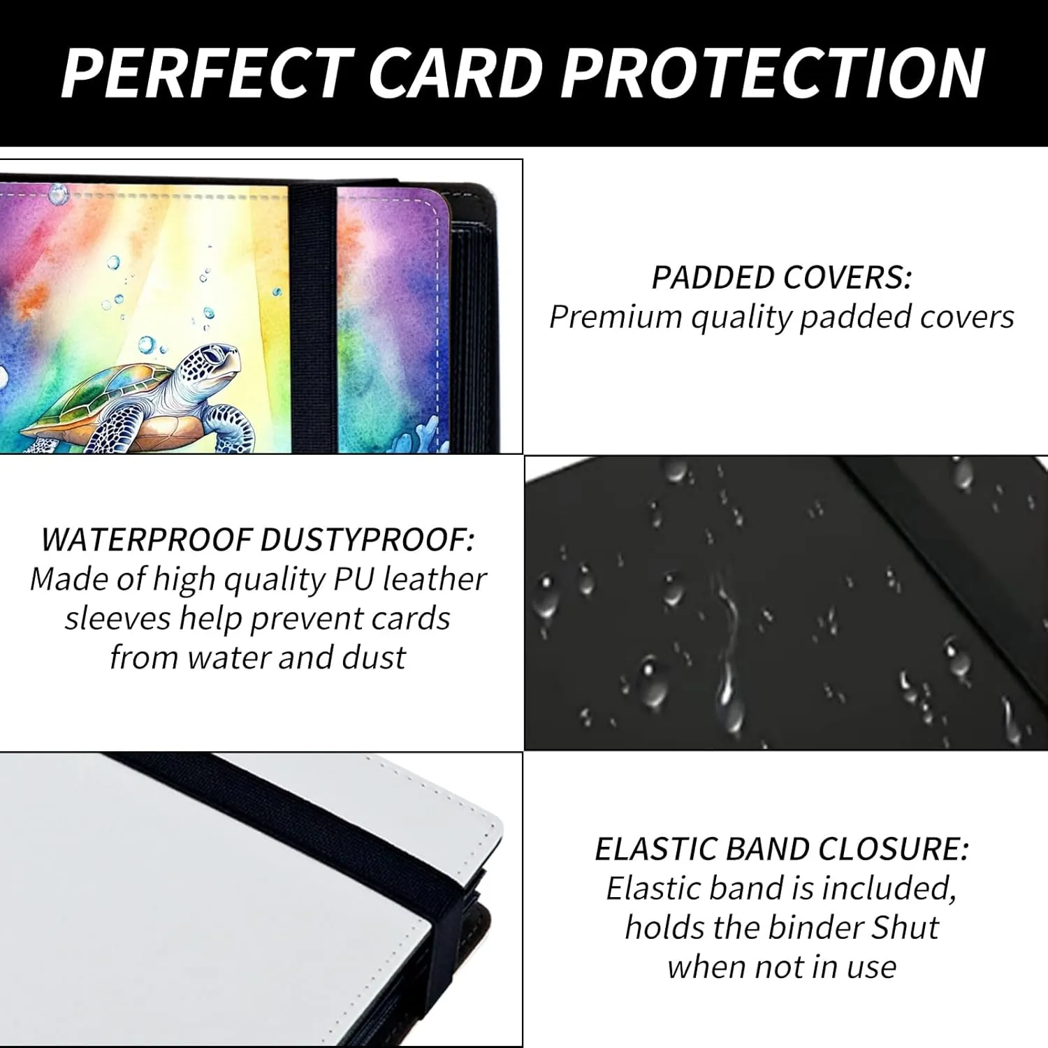 9 Pocket Card Binder for Trading Cards, Trading Card with Sleeves Holder Album, PU Leather Cover Card Collection Binder Large Capacity 360 Pocket Storage Card Sleeves for MTG,TCG, Rainbow Turtle