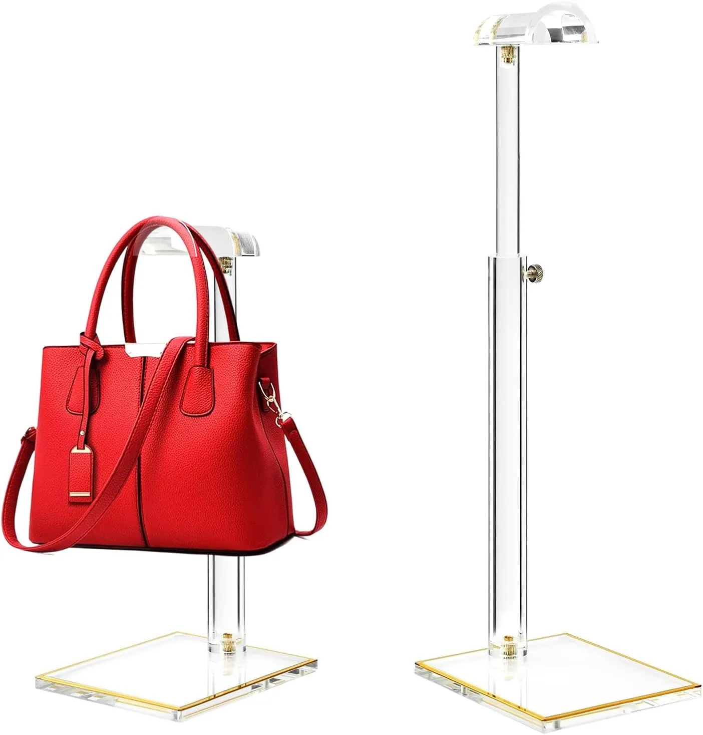 Acrylic Purse Display Stand, 2pack Clear Purse Rack Stands, Durable Adjustable Height Handbag Holder, Gold Trim Bag Stands Hanging Wallet Jewelry Necklace Organizer for Closet Retail (PATENT PENDING)
