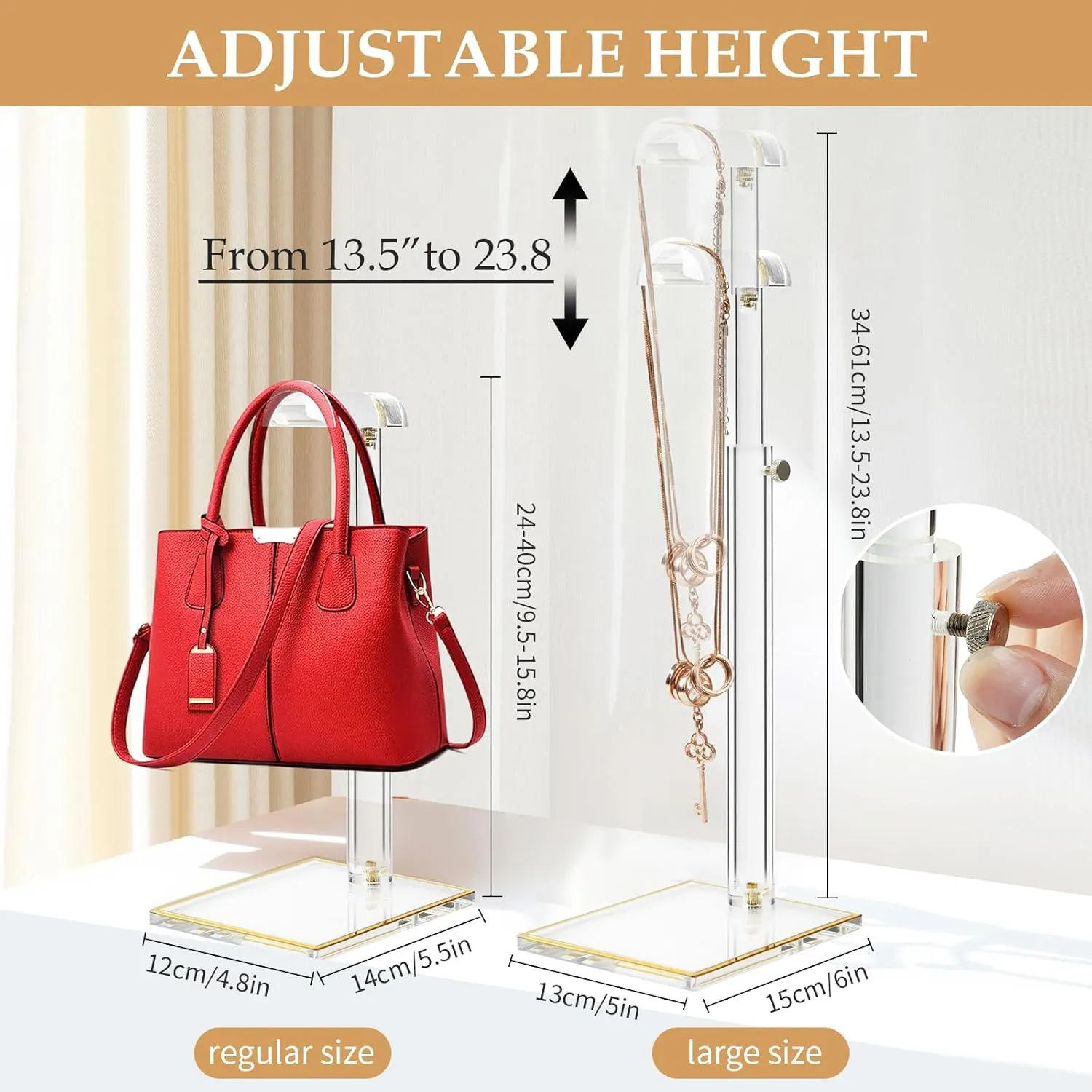 Acrylic Purse Display Stand, 2pack Clear Purse Rack Stands, Durable Adjustable Height Handbag Holder, Gold Trim Bag Stands Hanging Wallet Jewelry Necklace Organizer for Closet Retail (PATENT PENDING)