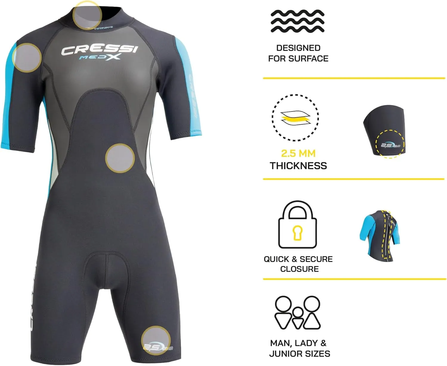 Adult Neoprene Shorty Wetsuit for Snorkeling, Scuba Diving - Med X Lady, Designed in Italy by Cressi