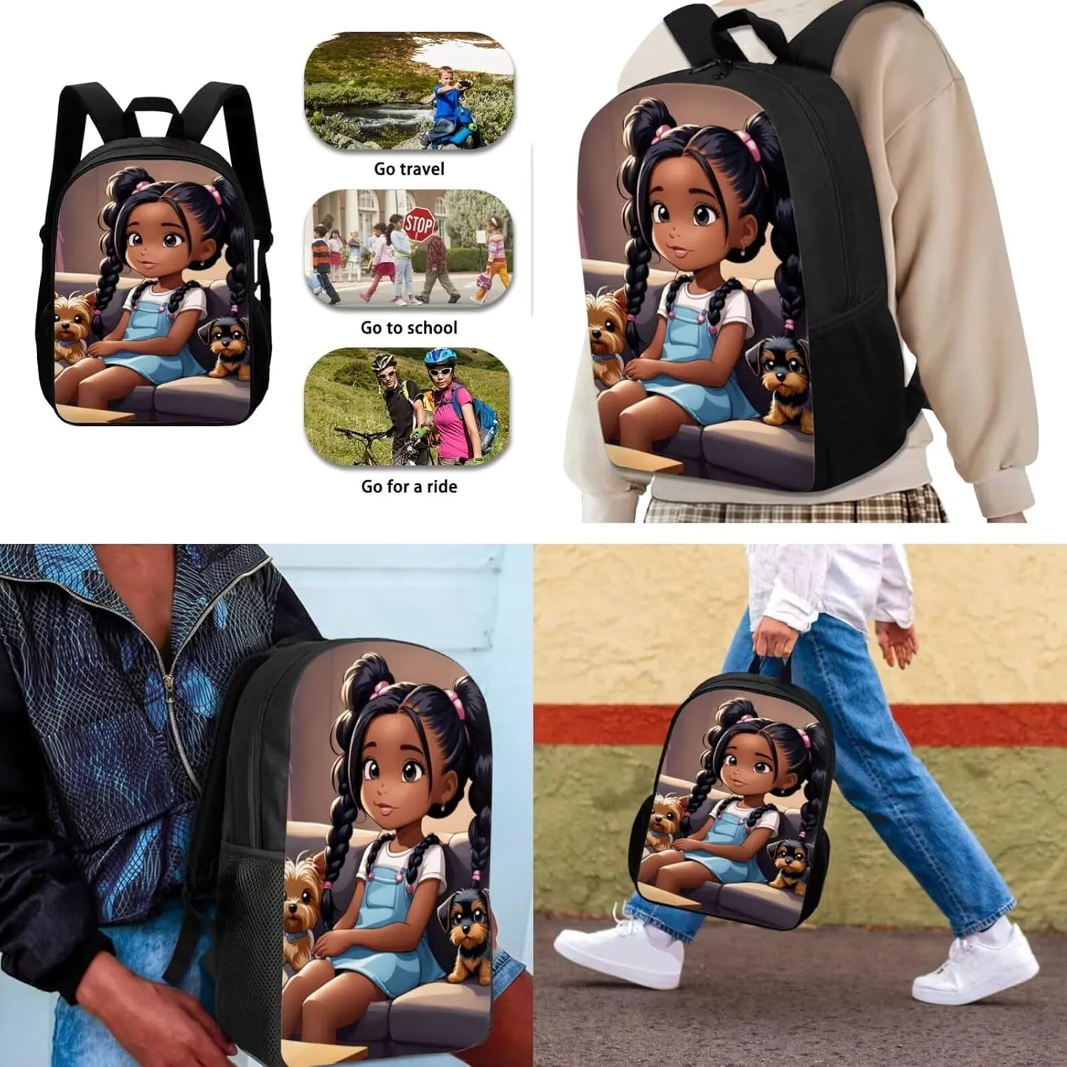 African Black Backpack and Lunch Bag Set for Girls Primary/Kindergarten Bookbag Lunch Box Pencil Pen Case Book Bag Lunchbox Water Bottle Holder
