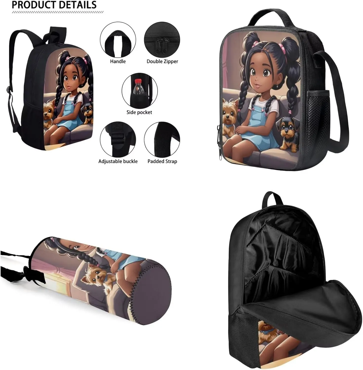 African Black Backpack and Lunch Bag Set for Girls Primary/Kindergarten Bookbag Lunch Box Pencil Pen Case Book Bag Lunchbox Water Bottle Holder
