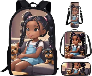 African Black Backpack and Lunch Bag Set for Girls Primary/Kindergarten Bookbag Lunch Box Pencil Pen Case Book Bag Lunchbox Water Bottle Holder