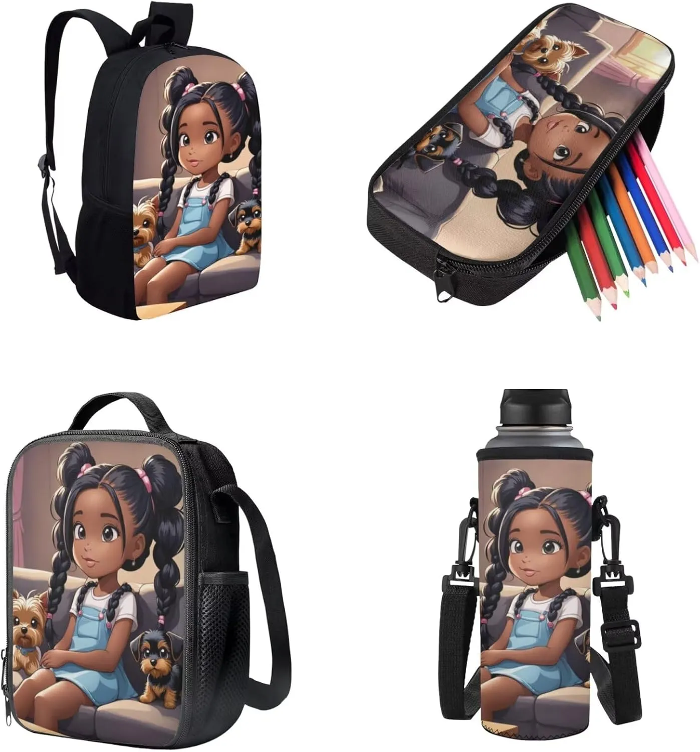 African Black Backpack and Lunch Bag Set for Girls Primary/Kindergarten Bookbag Lunch Box Pencil Pen Case Book Bag Lunchbox Water Bottle Holder