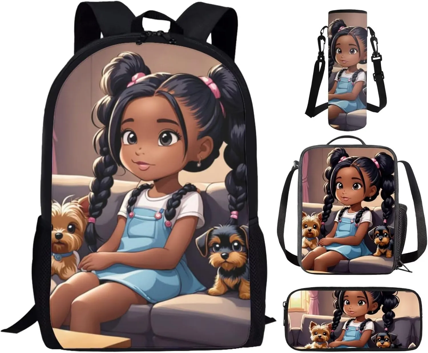 African Black Backpack and Lunch Bag Set for Girls Primary/Kindergarten Bookbag Lunch Box Pencil Pen Case Book Bag Lunchbox Water Bottle Holder