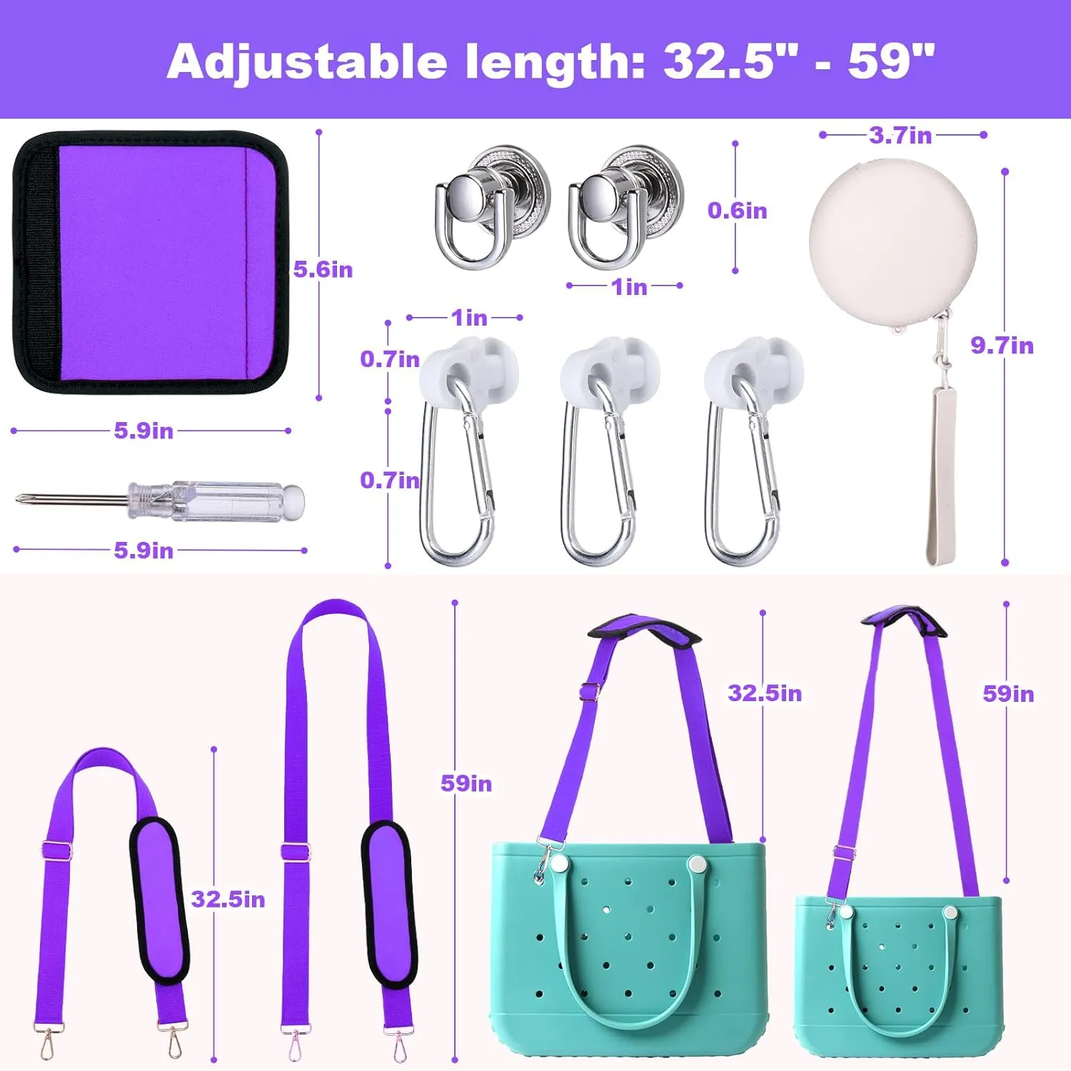 AIERSA Bogg Bag Straps Set,Include Crossbody Strap Handle Wrap Silicone Purse Bag and Key Holder Hooks,Replacement Shoulder Strap for Bogg Bag Accessories - Purple