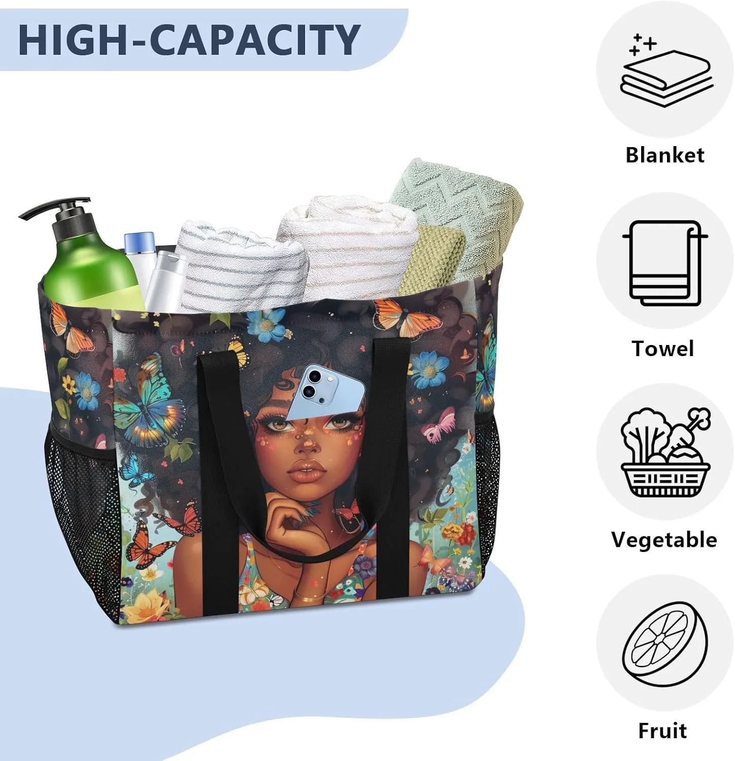 ALAZA Beautiful African Girl Waterproof Beach Tote Bags