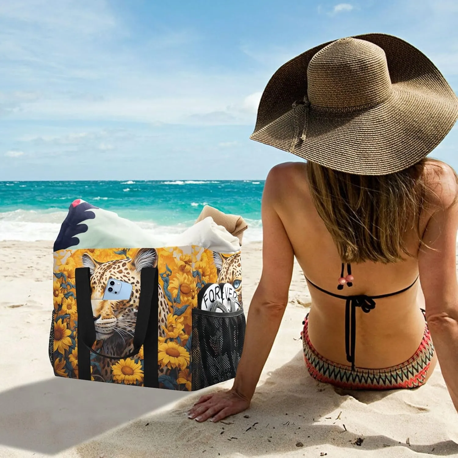 ALAZA Blooming Sunflowers Blue Sky Blue Butterflies Waterproof Beach Tote Bags