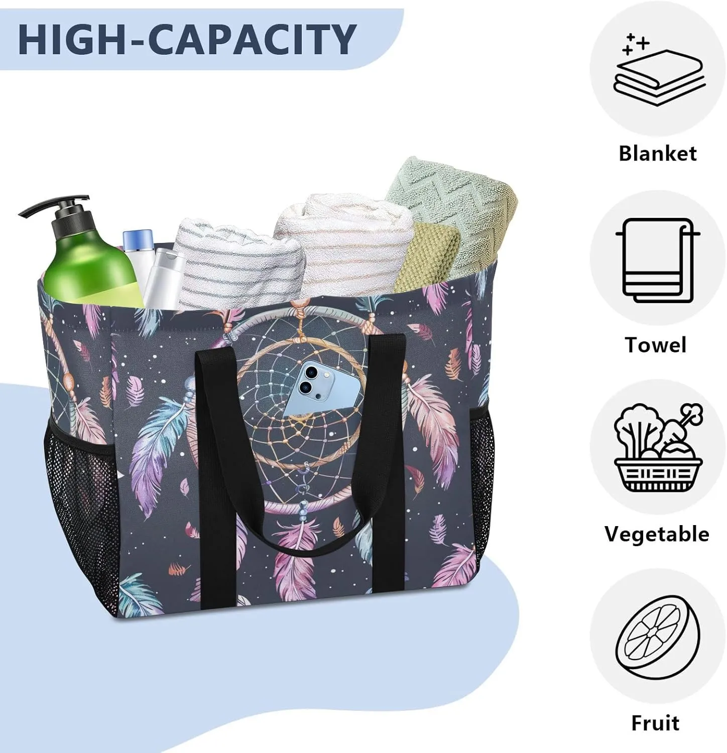 ALAZA Butterflies Stars and Dreamcatcher Waterproof Beach Tote Bags