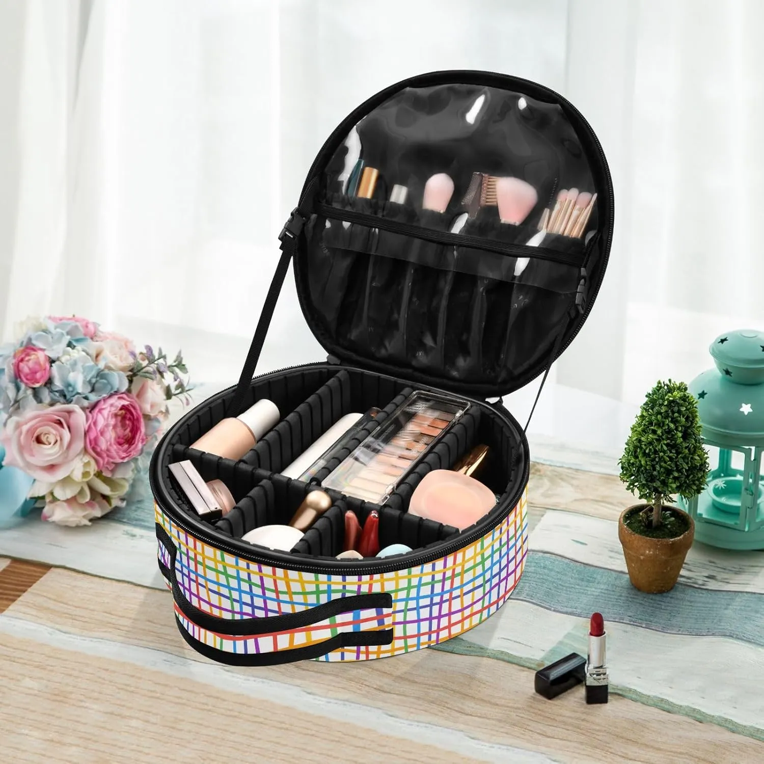 ALAZA Colorfull Lines Abstract Rainbow Grid Portable Cosmetic Bag Large Capacity Makeup Bags