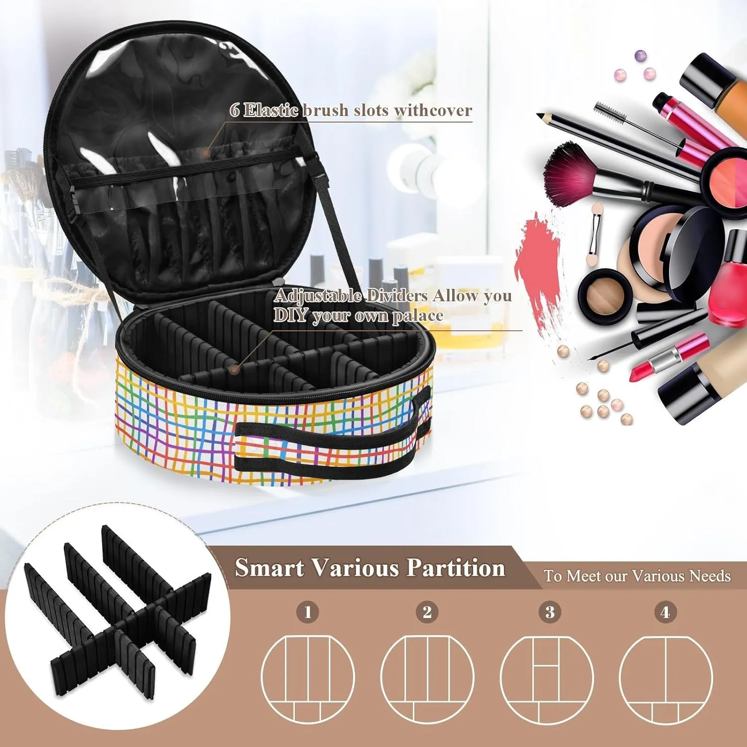 ALAZA Colorfull Lines Abstract Rainbow Grid Portable Cosmetic Bag Large Capacity Makeup Bags