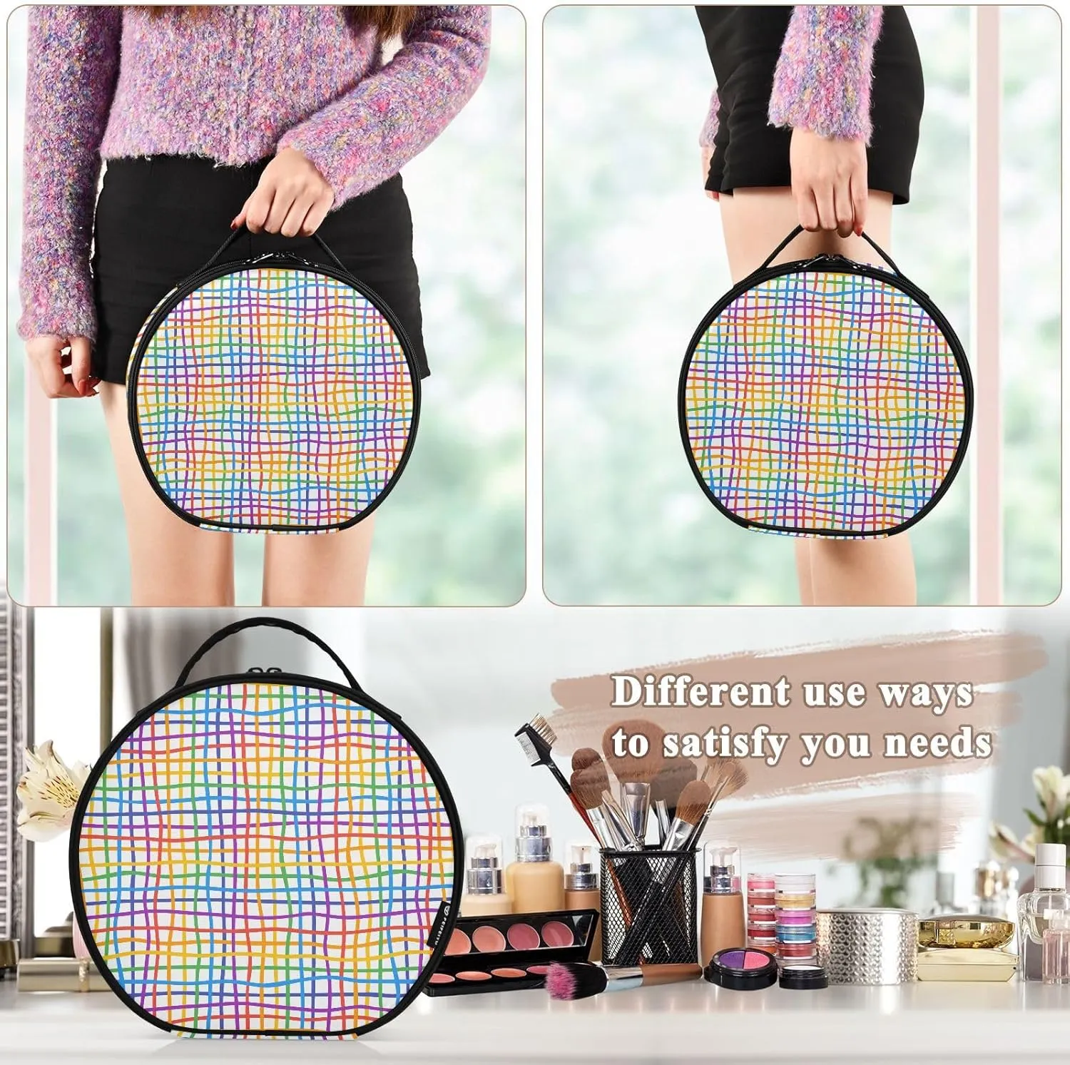 ALAZA Colorfull Lines Abstract Rainbow Grid Portable Cosmetic Bag Large Capacity Makeup Bags