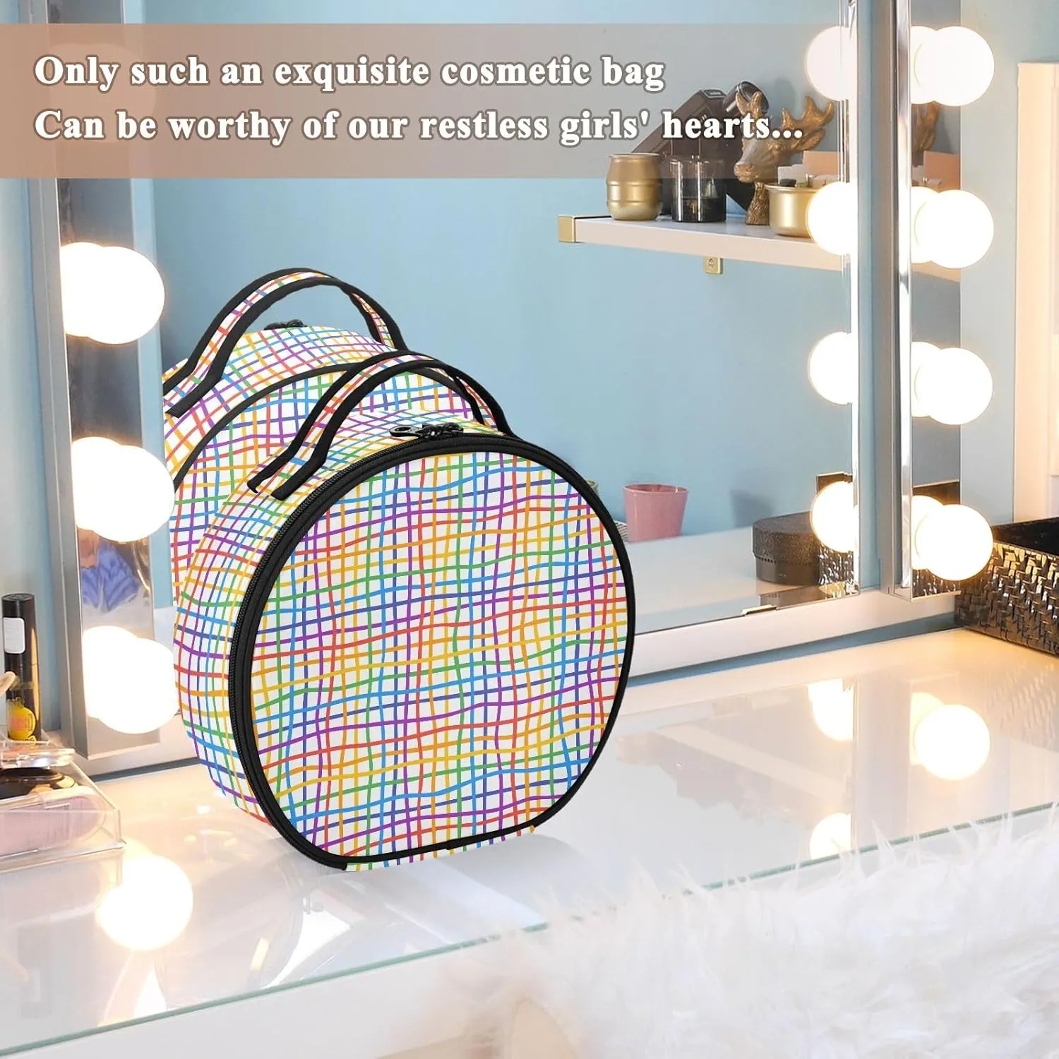ALAZA Colorfull Lines Abstract Rainbow Grid Portable Cosmetic Bag Large Capacity Makeup Bags