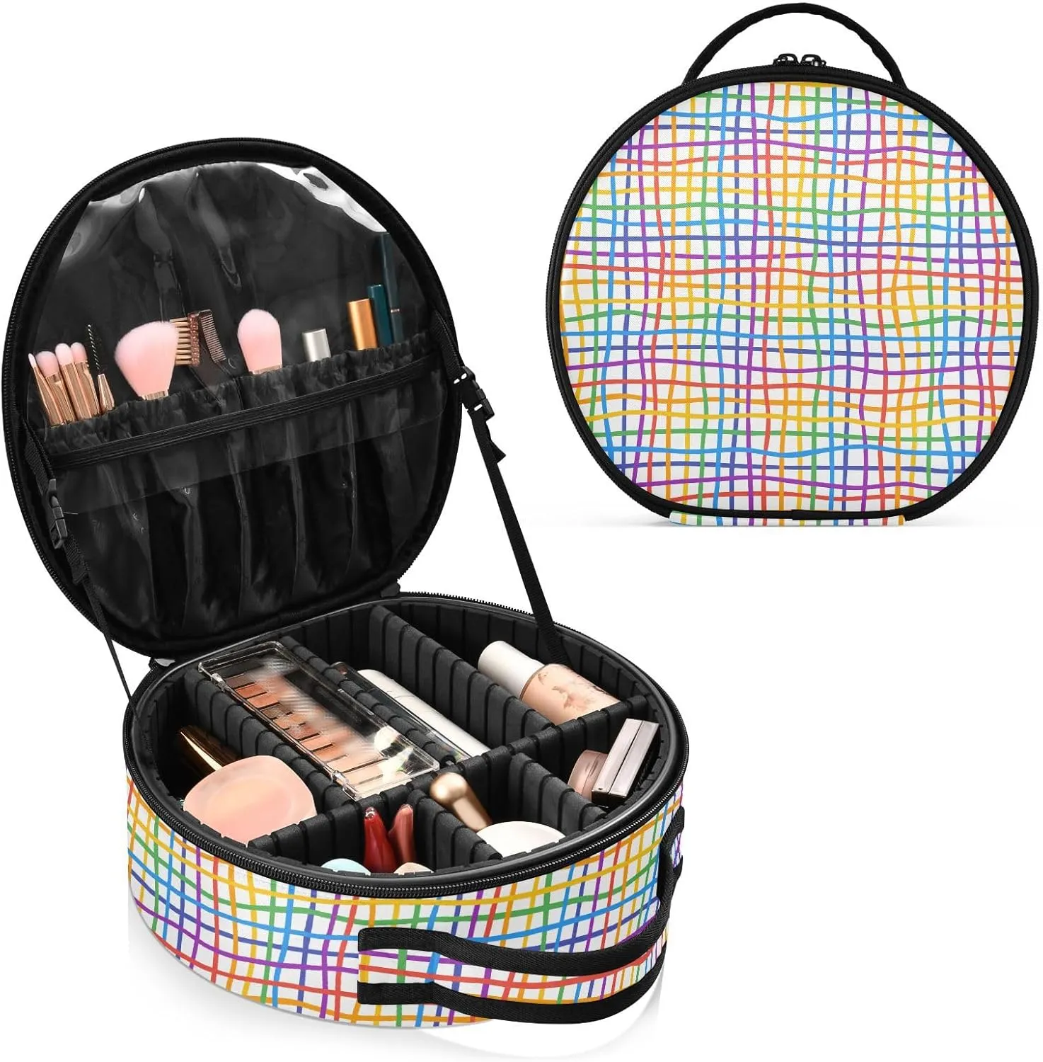 ALAZA Colorfull Lines Abstract Rainbow Grid Portable Cosmetic Bag Large Capacity Makeup Bags