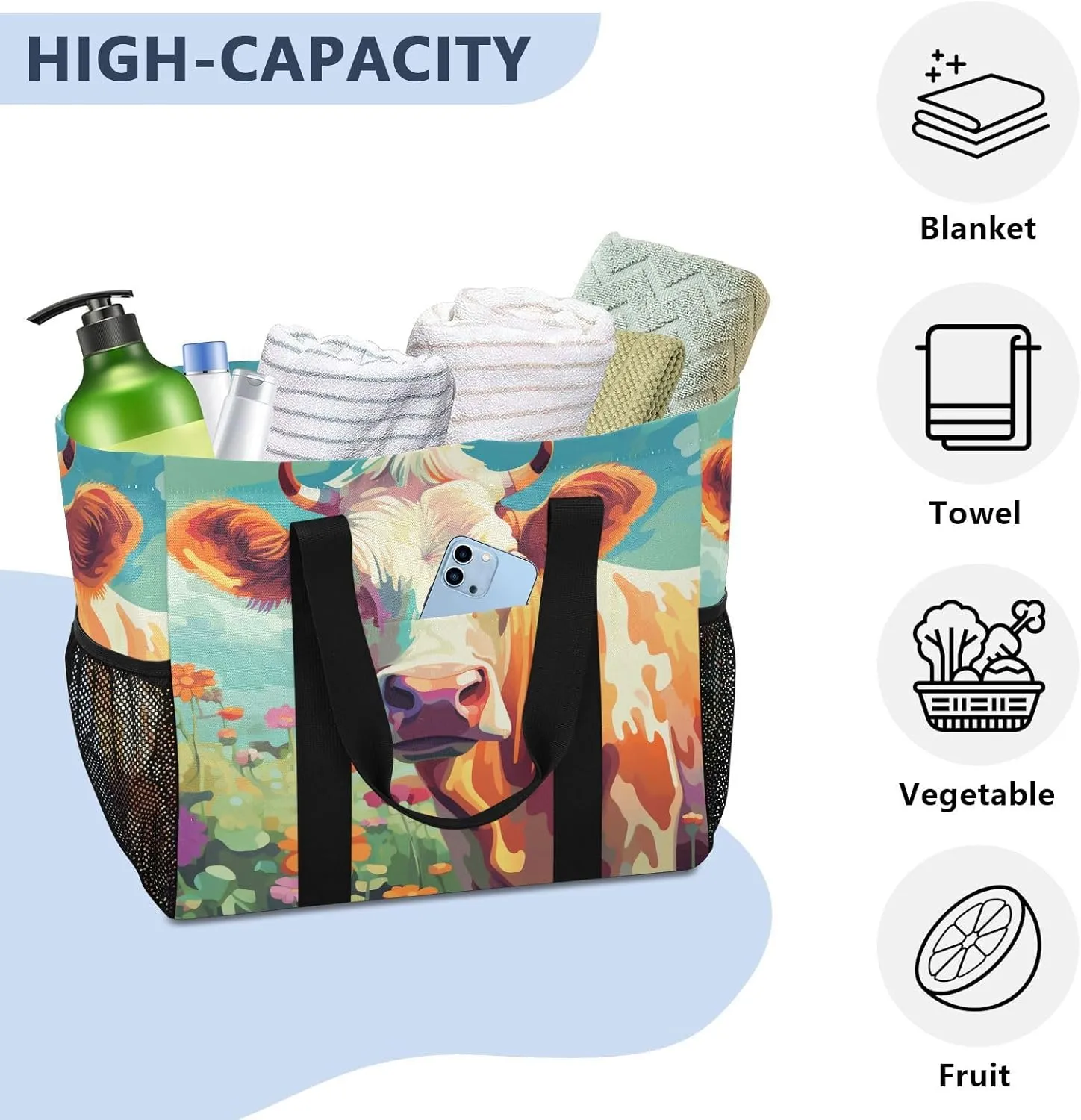 ALAZA Cow Portrait Cartoon Space Waterproof Beach Tote Bags
