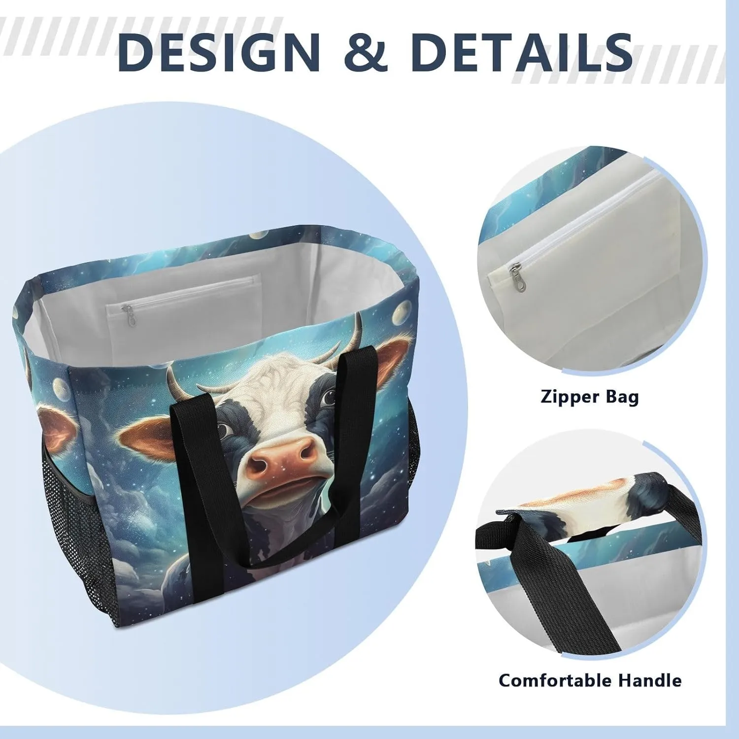 ALAZA Cow Portrait Cartoon Space Waterproof Beach Tote Bags