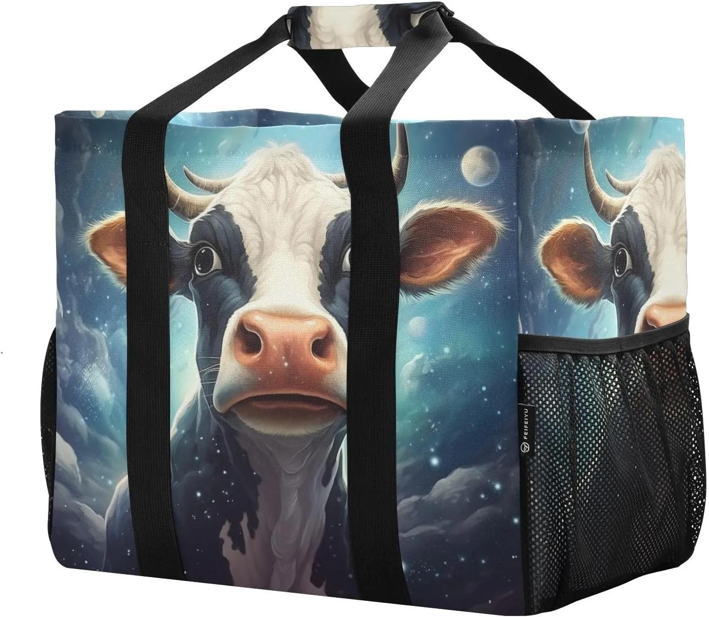 ALAZA Cow Portrait Cartoon Space Waterproof Beach Tote Bags