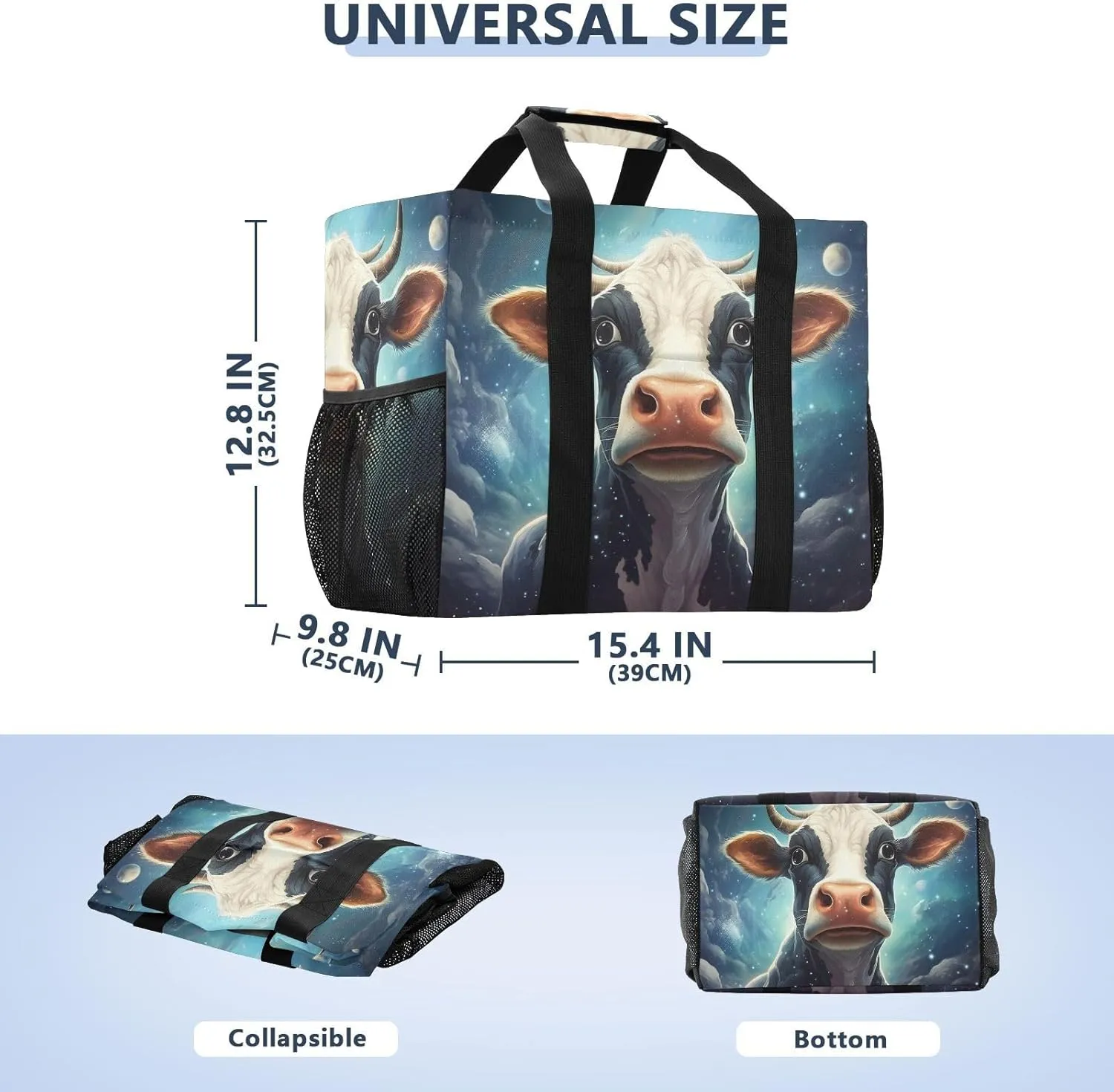ALAZA Cow Portrait Cartoon Space Waterproof Beach Tote Bags