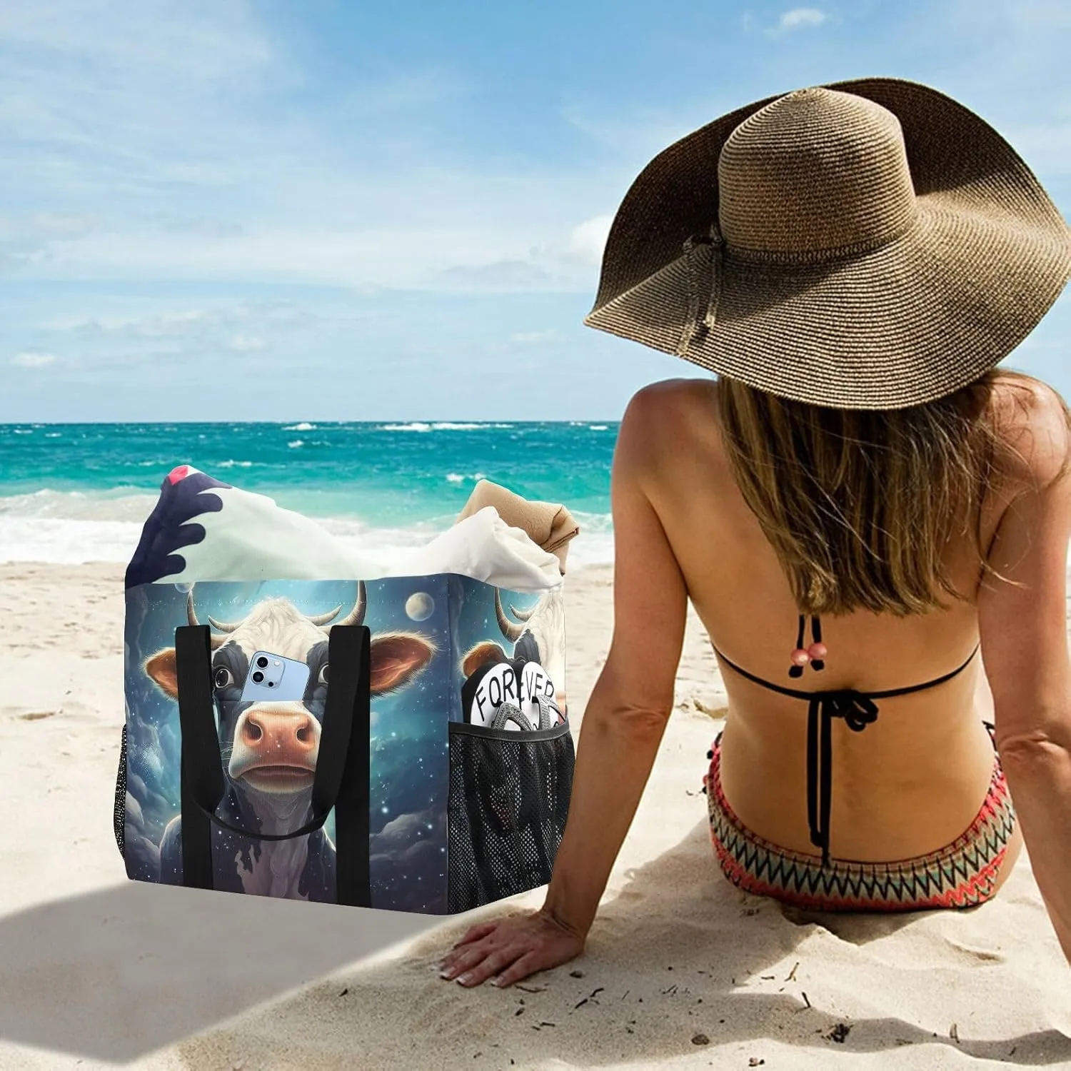 ALAZA Cow Portrait Cartoon Space Waterproof Beach Tote Bags