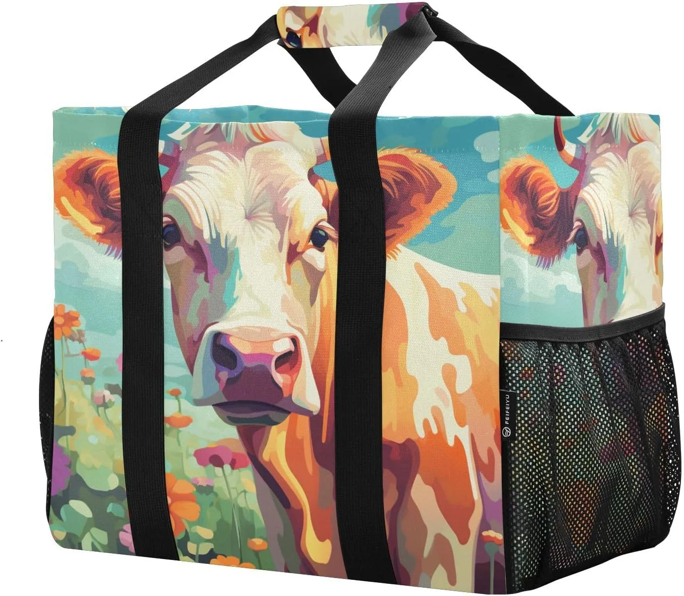 ALAZA Cow Portrait Cartoon Space Waterproof Beach Tote Bags