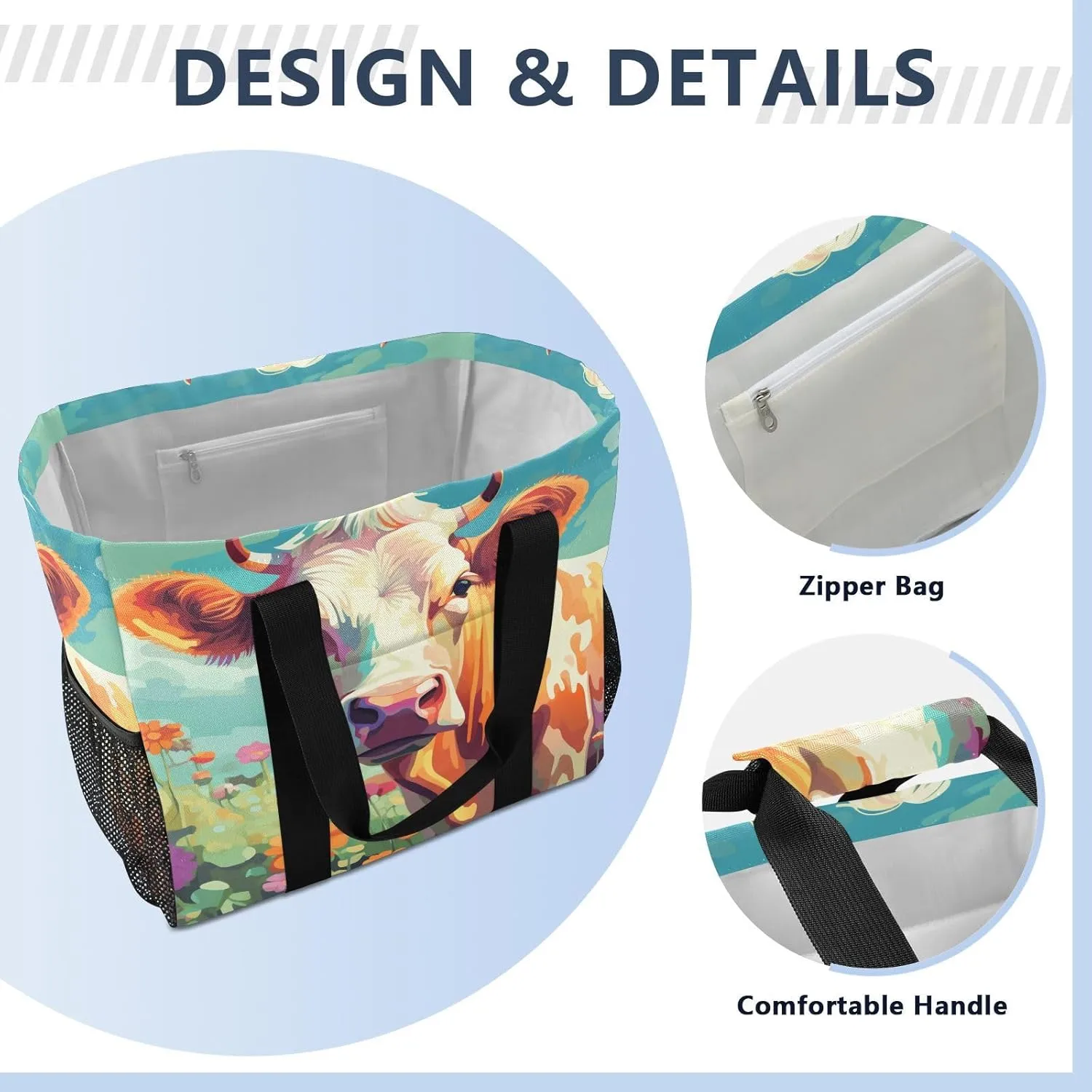 ALAZA Cow Portrait Cartoon Space Waterproof Beach Tote Bags