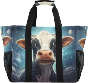 ALAZA Cow Portrait Cartoon Space Waterproof Beach Tote Bags