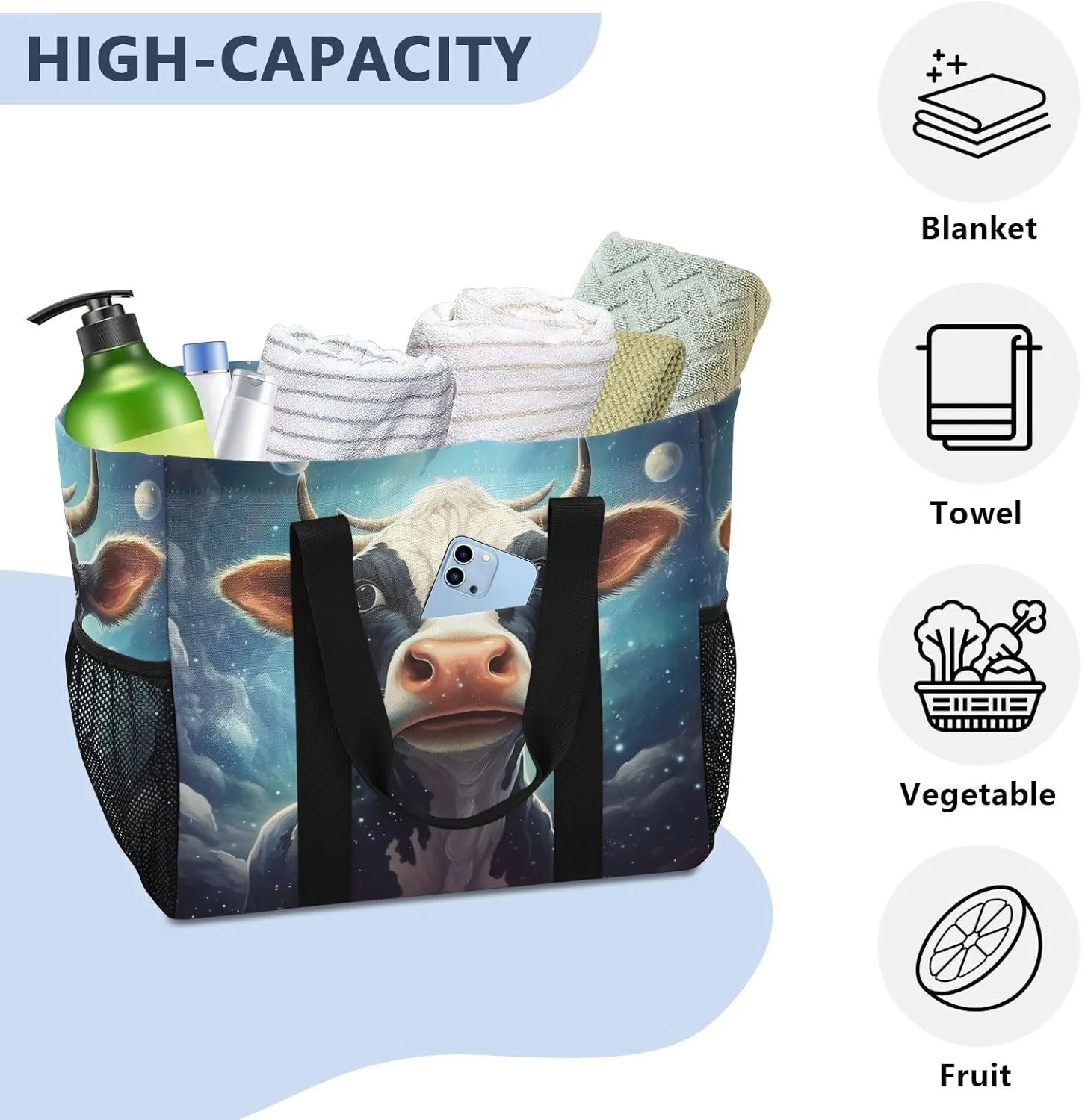 ALAZA Cow Portrait Cartoon Space Waterproof Beach Tote Bags