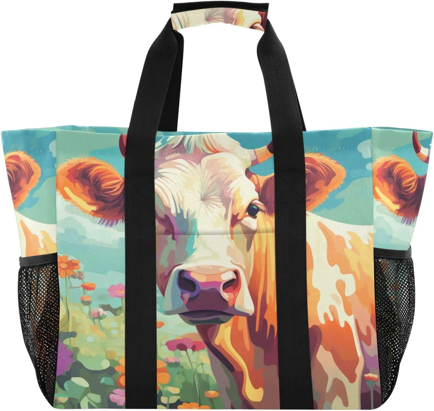 ALAZA Cow Portrait Cartoon Space Waterproof Beach Tote Bags