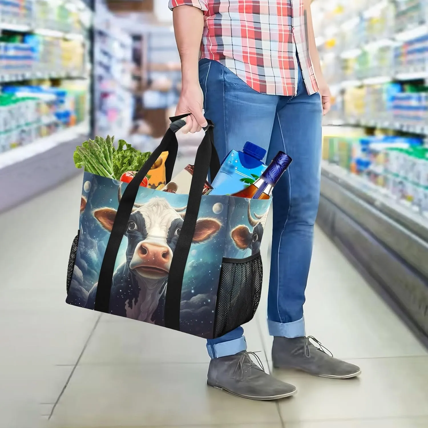 ALAZA Cow Portrait Cartoon Space Waterproof Beach Tote Bags