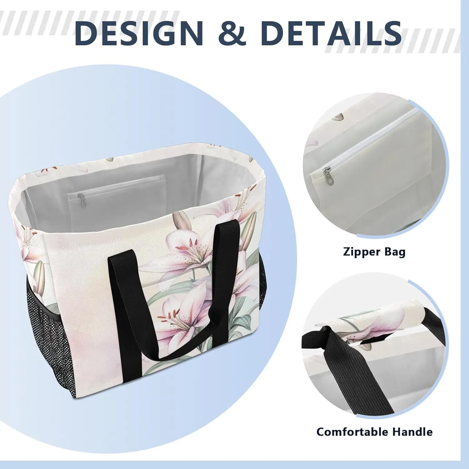 ALAZA Cute Doodle White Lily Waterproof Beach Tote Bags