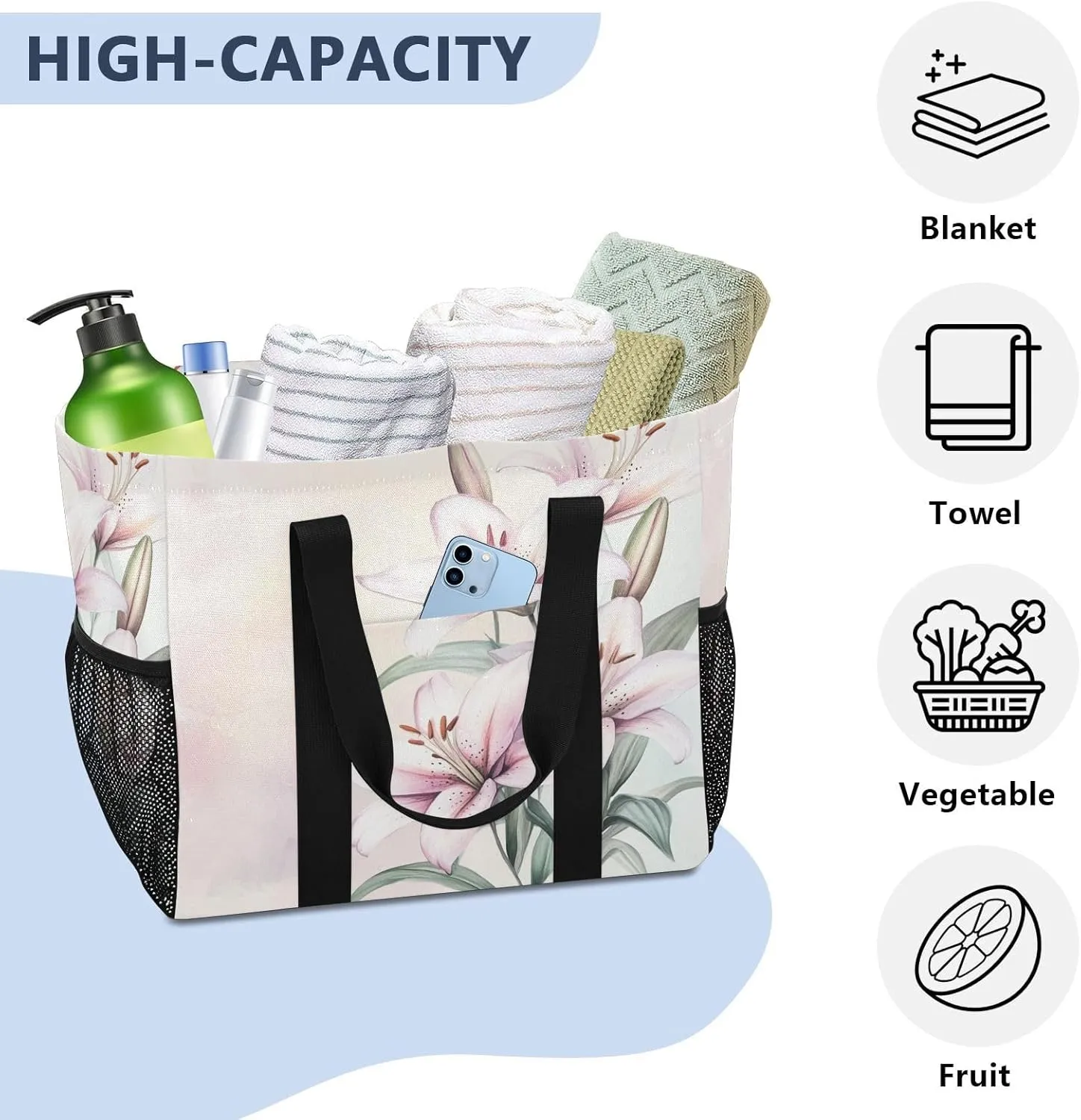 ALAZA Cute Doodle White Lily Waterproof Beach Tote Bags